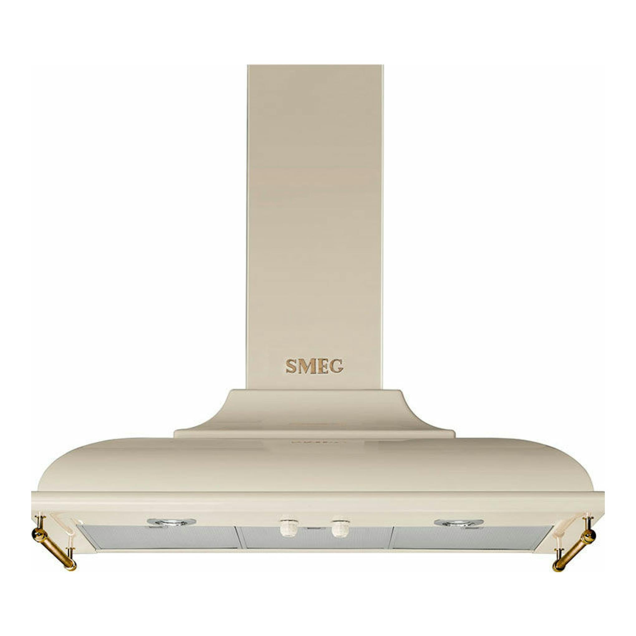 Campana decorativa Smeg KC19POE crema, vista frontal, con chimenea vertical.