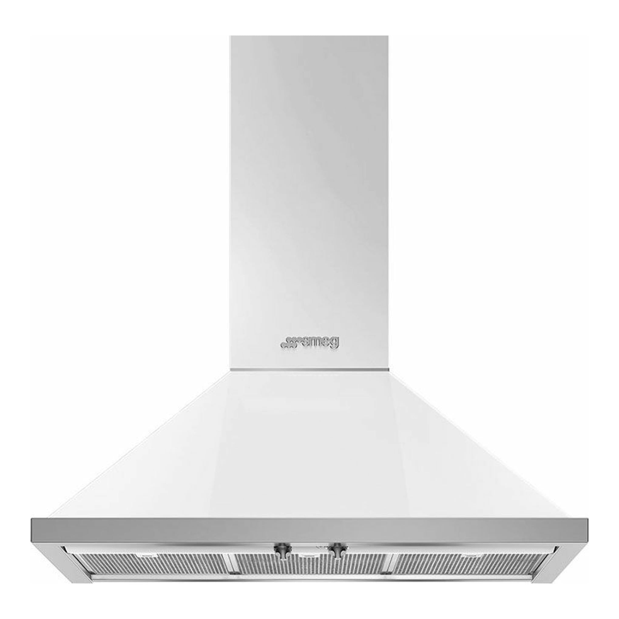 Campana decorativa Smeg KPF9WH blanca, vista frontal, con chimenea vertical y base metálica.