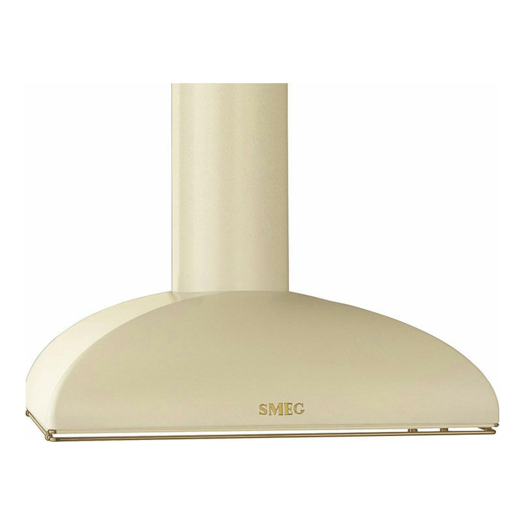 Campana decorativa Smeg KS89POE crema, vista frontal, con chimenea vertical y frente curvo.
