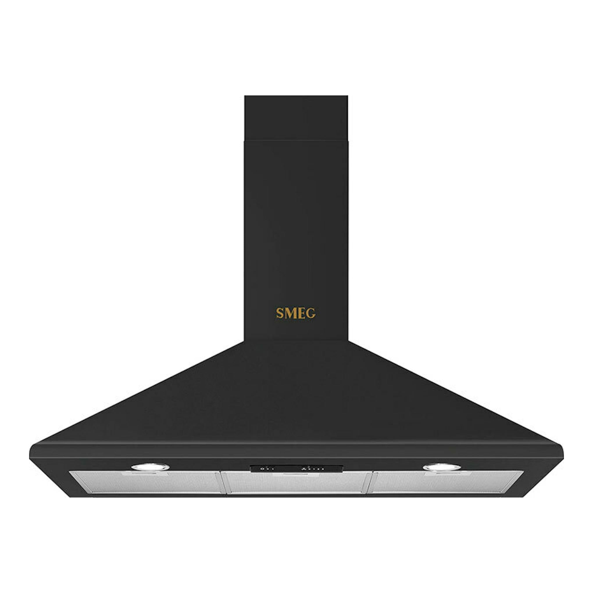 Campana decorativa Smeg KSED95COA antracita, vista frontal, con chimenea y dos luces inferiores.