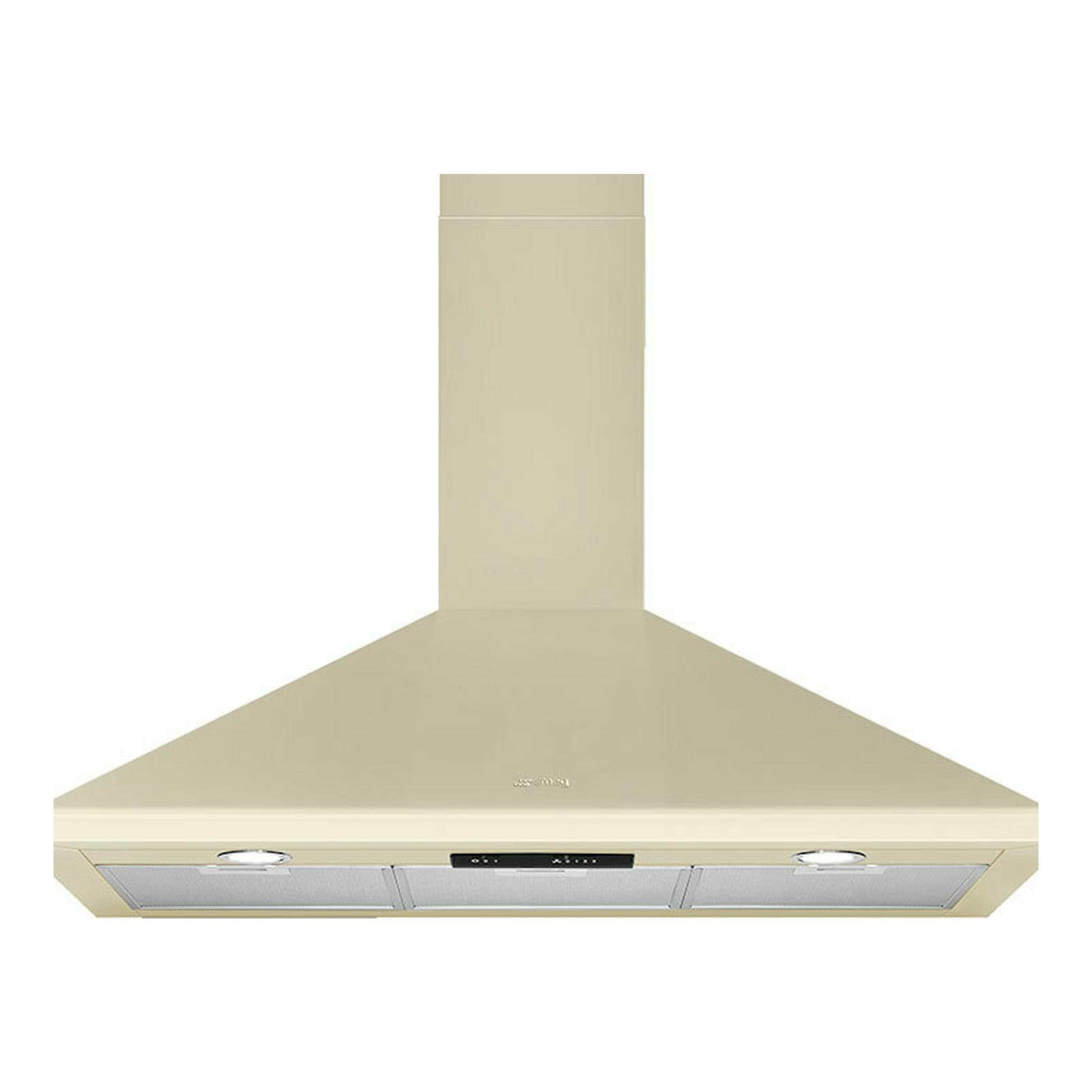 Campana decorativa Smeg KSED95PE crema, vista frontal, con chimenea y filtros metálicos.