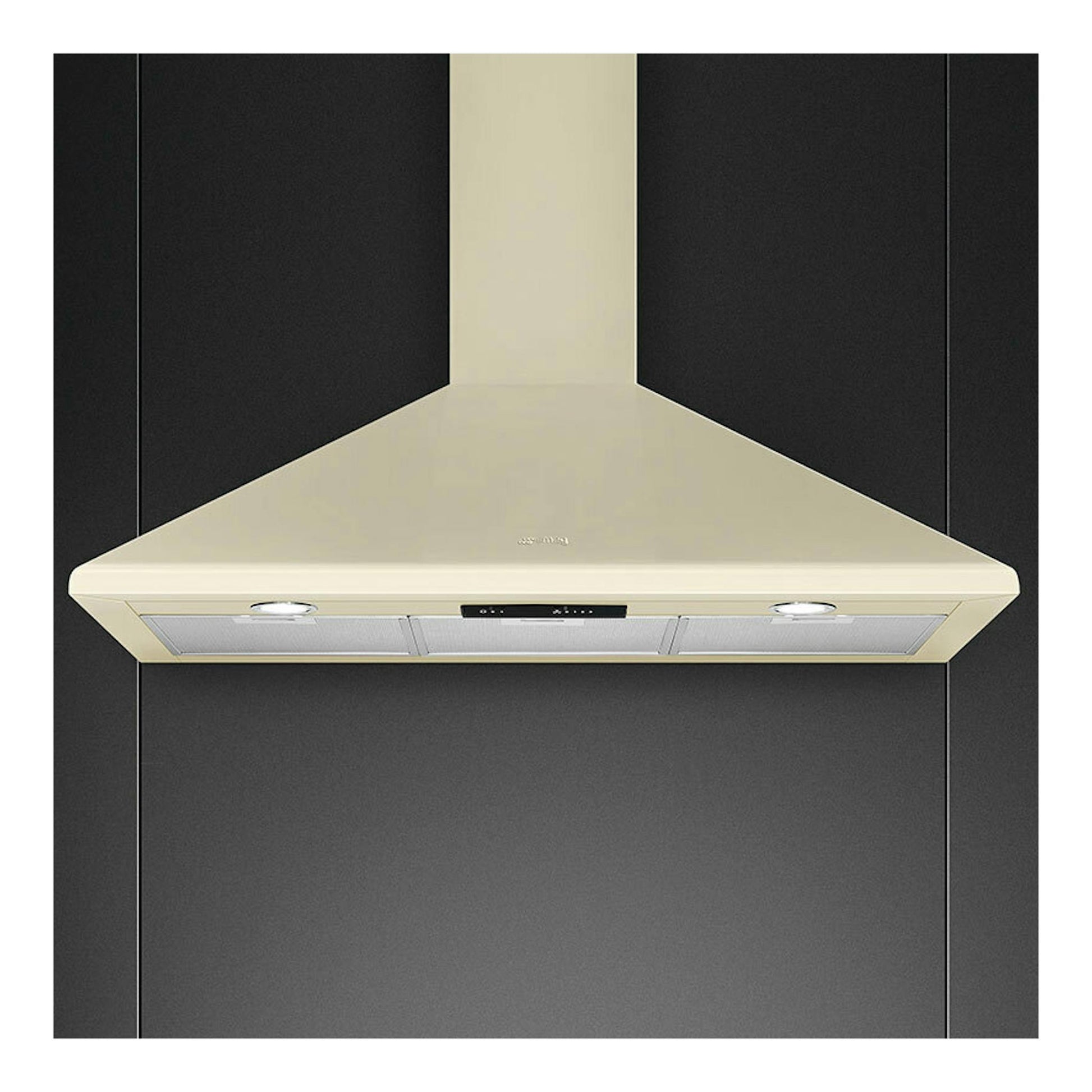 Campana decorativa Smeg KSED95PE crema, vista frontal, sobre fondo negro.