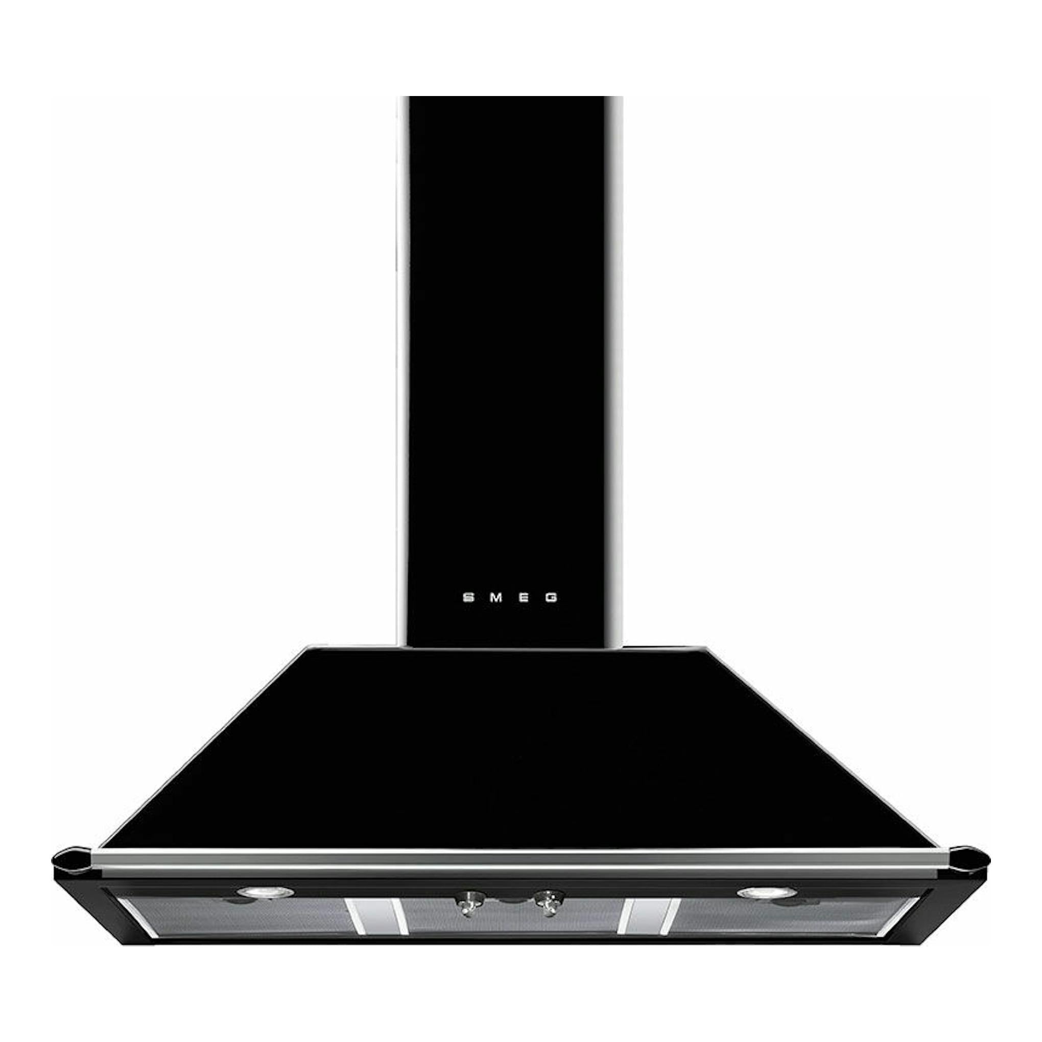Campana decorativa Smeg KT100BLE negra, vista frontal, con chimenea y panel inclinado.