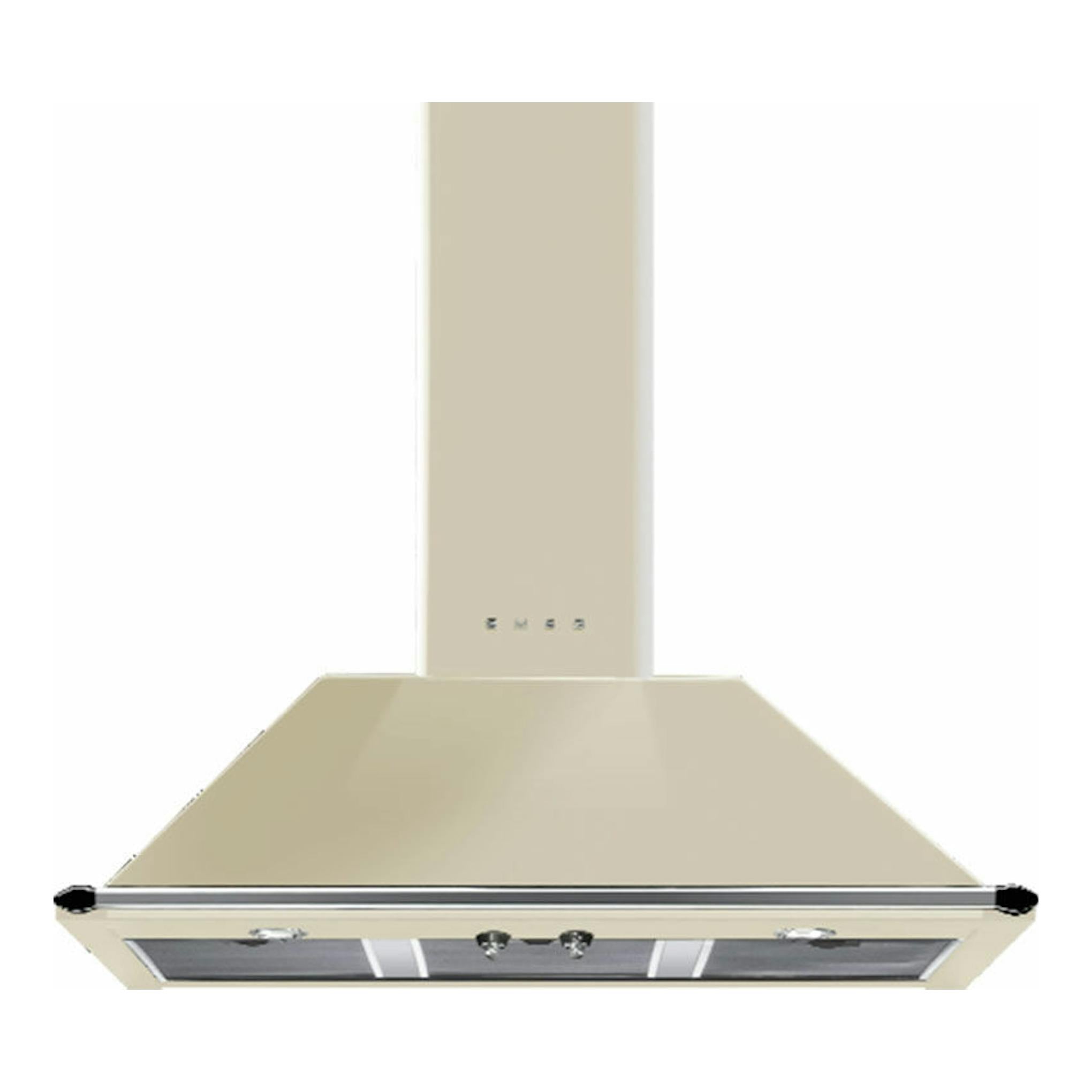 Campana decorativa Smeg KT100PE crema, vista frontal, con chimenea vertical y borde metálico.