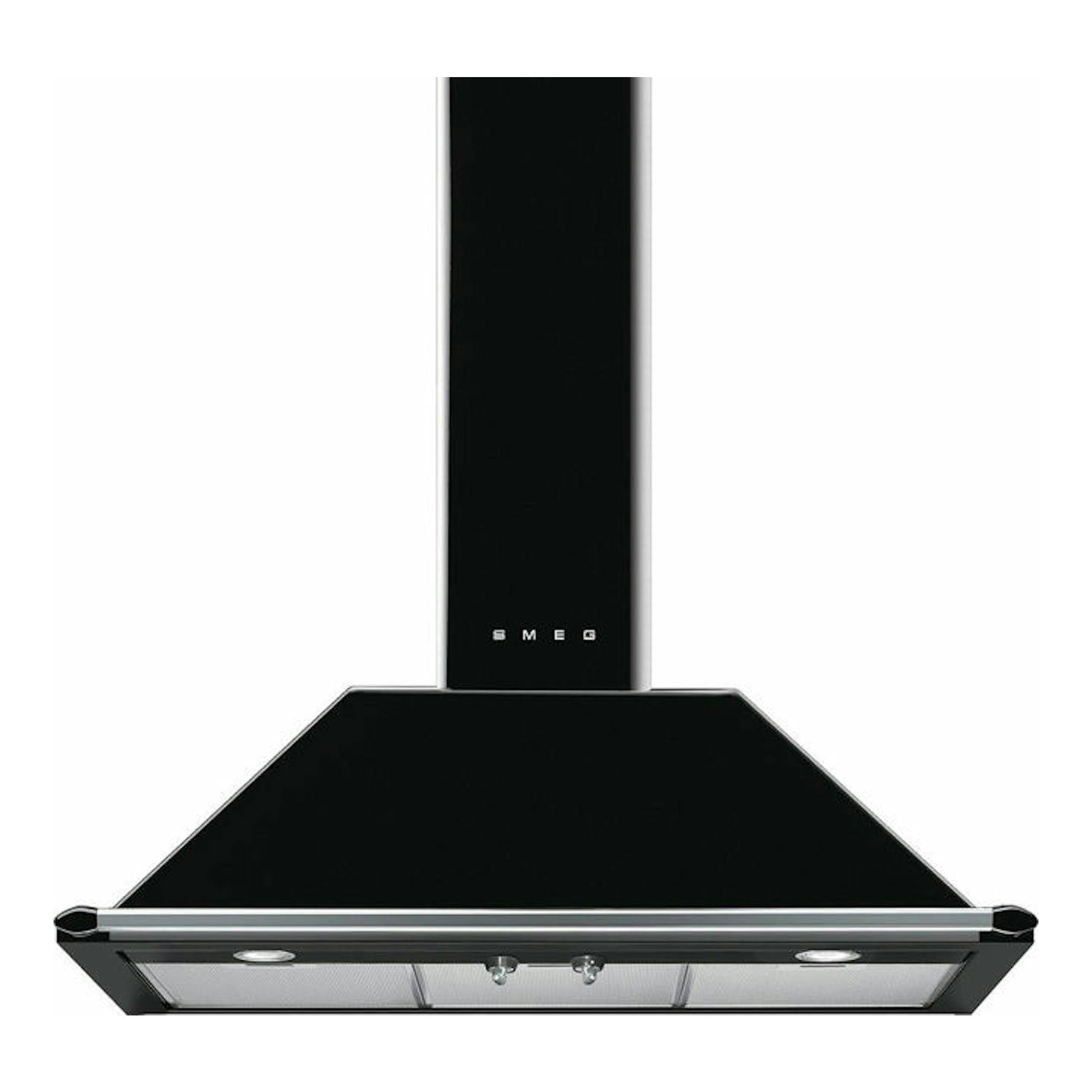 Campana decorativa Smeg KT90BLE negra, vista frontal, con chimenea vertical y filtro inferior.