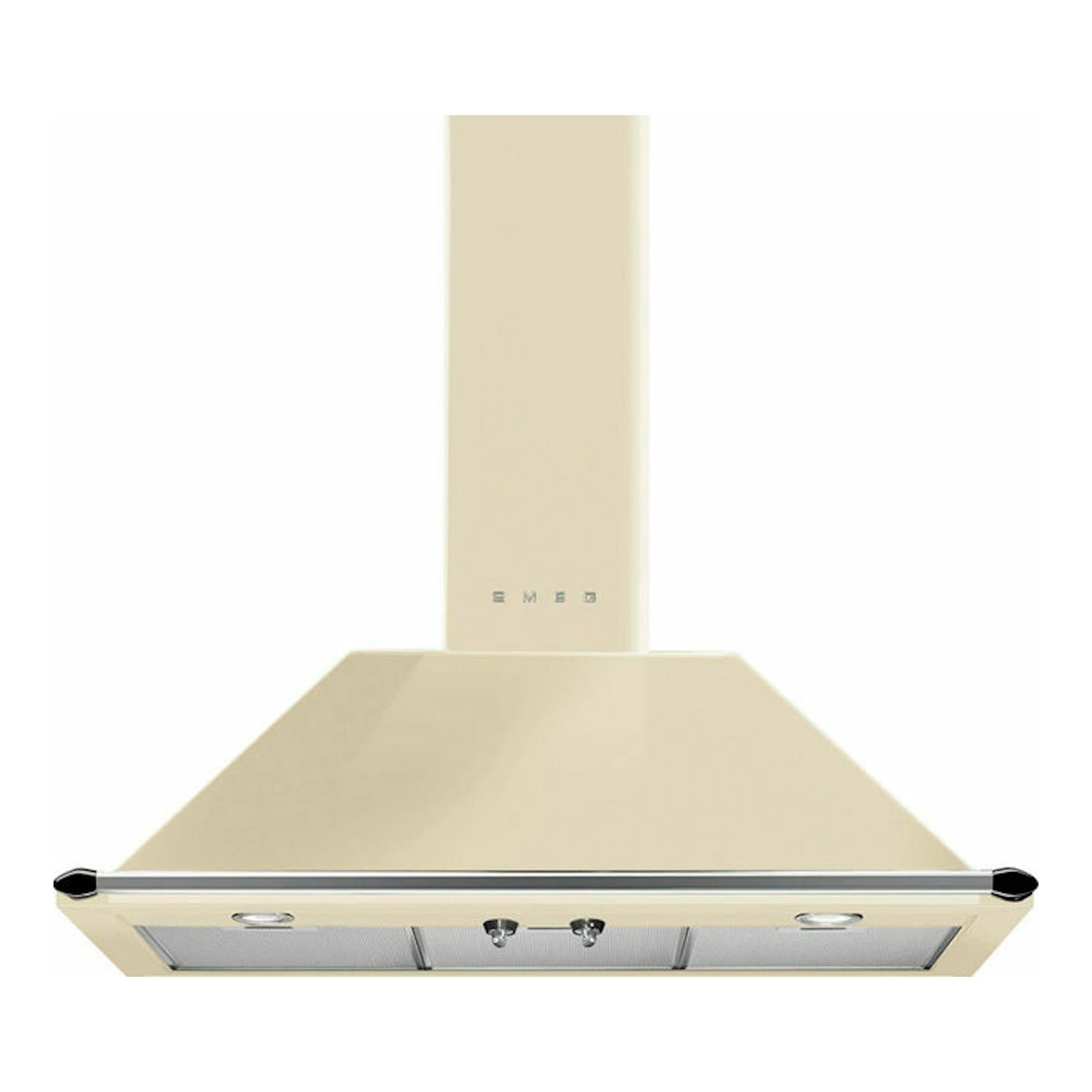 Campana decorativa Smeg KT90PE crema, vista frontal, con chimenea central y filtros metálicos.
