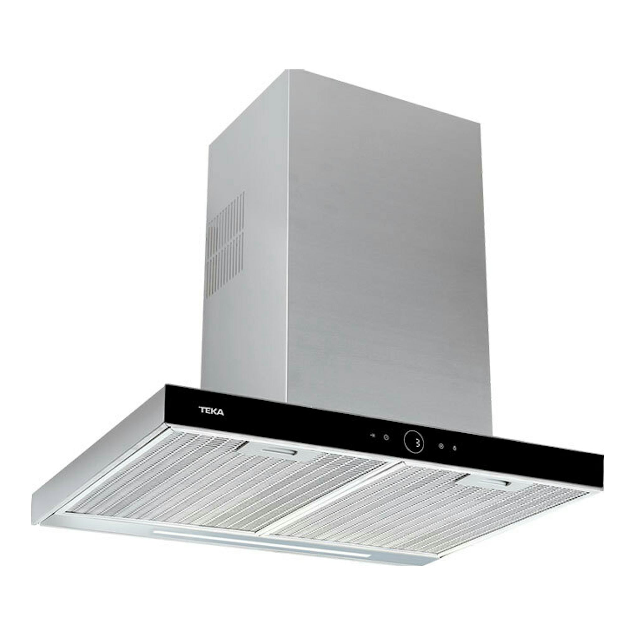 Campana decorativa Teka DLH 686 T, negra y acero inoxidable, vista en ángulo frontal.