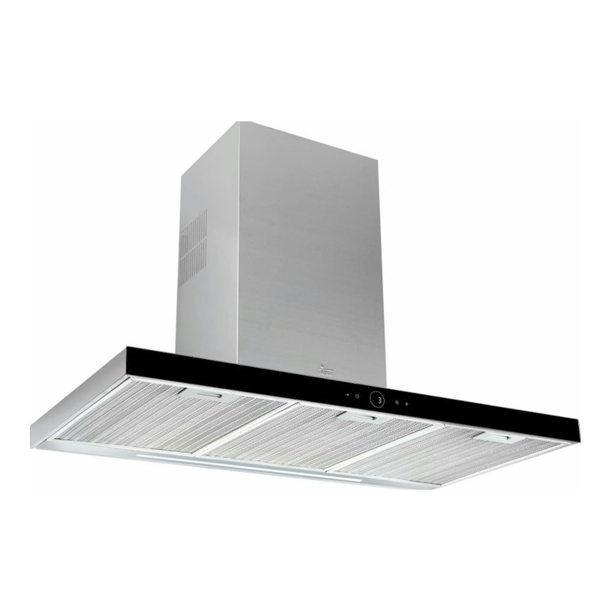 Campana decorativa Teka DLH 986 T negra, vista en ángulo, con cuerpo inoxidable y panel frontal negro.