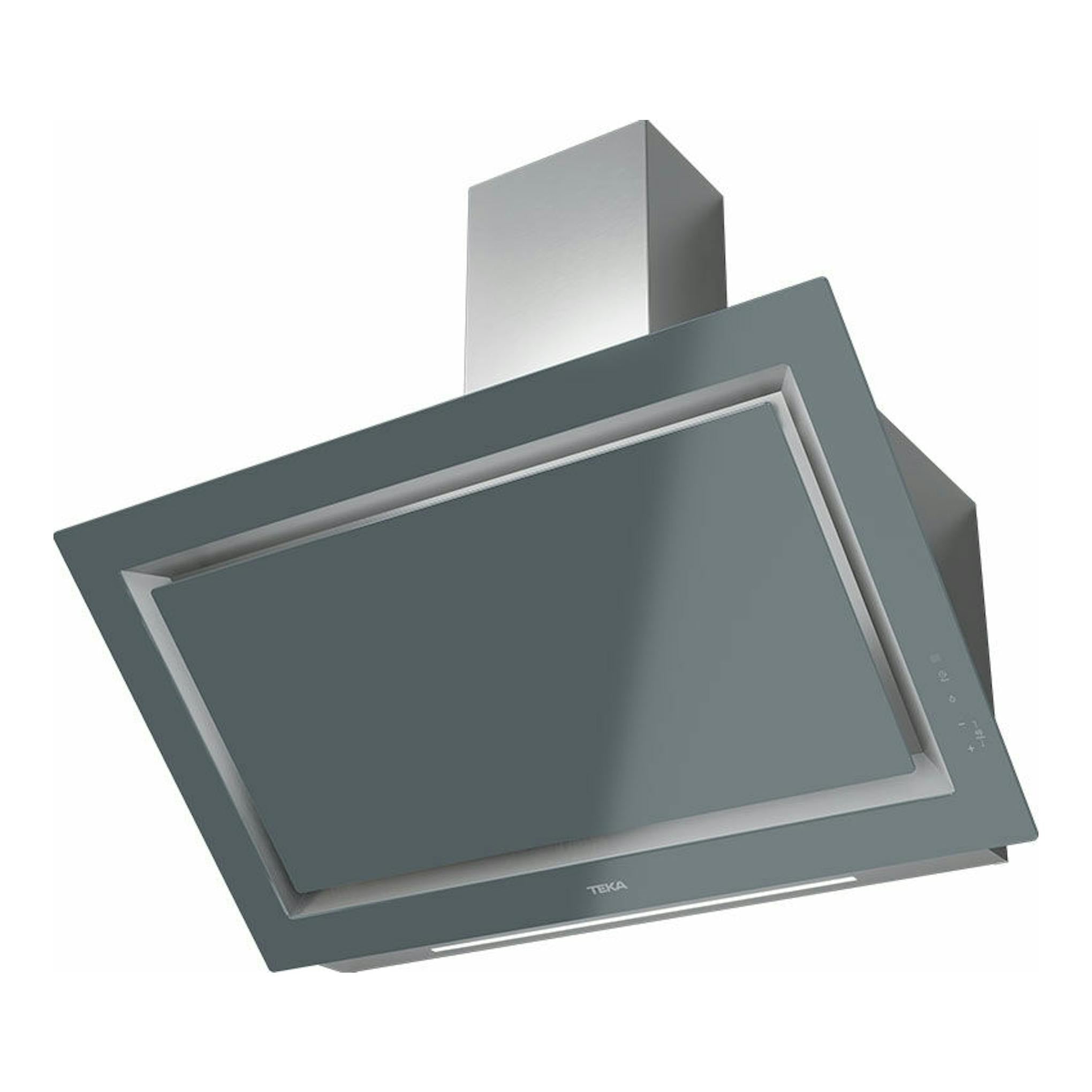Campana decorativa Teka DLV98660TOS en gris stone grey, vista frontal inclinada con tubo superior.