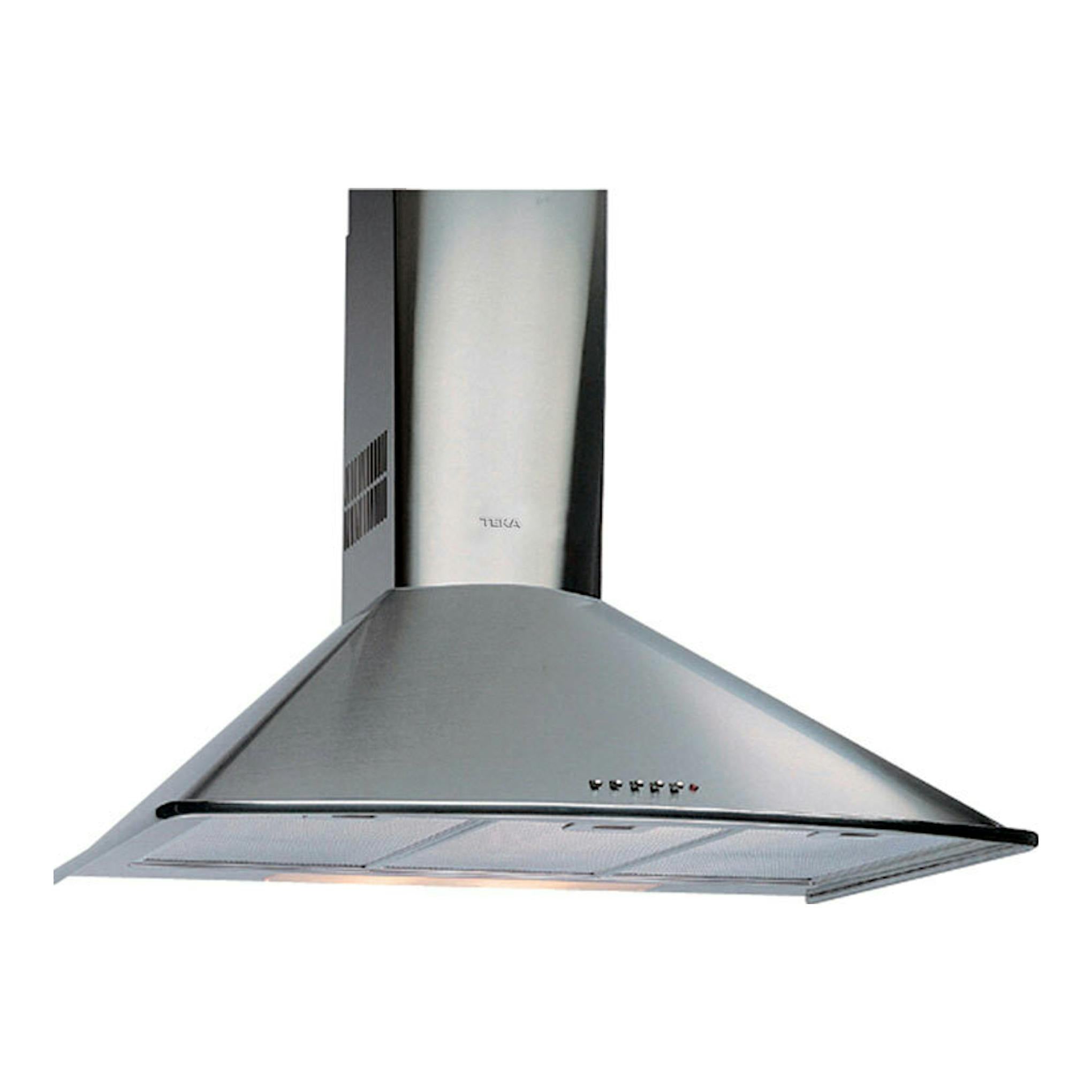 Campana decorativa Teka DM 775 Inox, vista frontal en acero inoxidable con chimenea y panel de control.