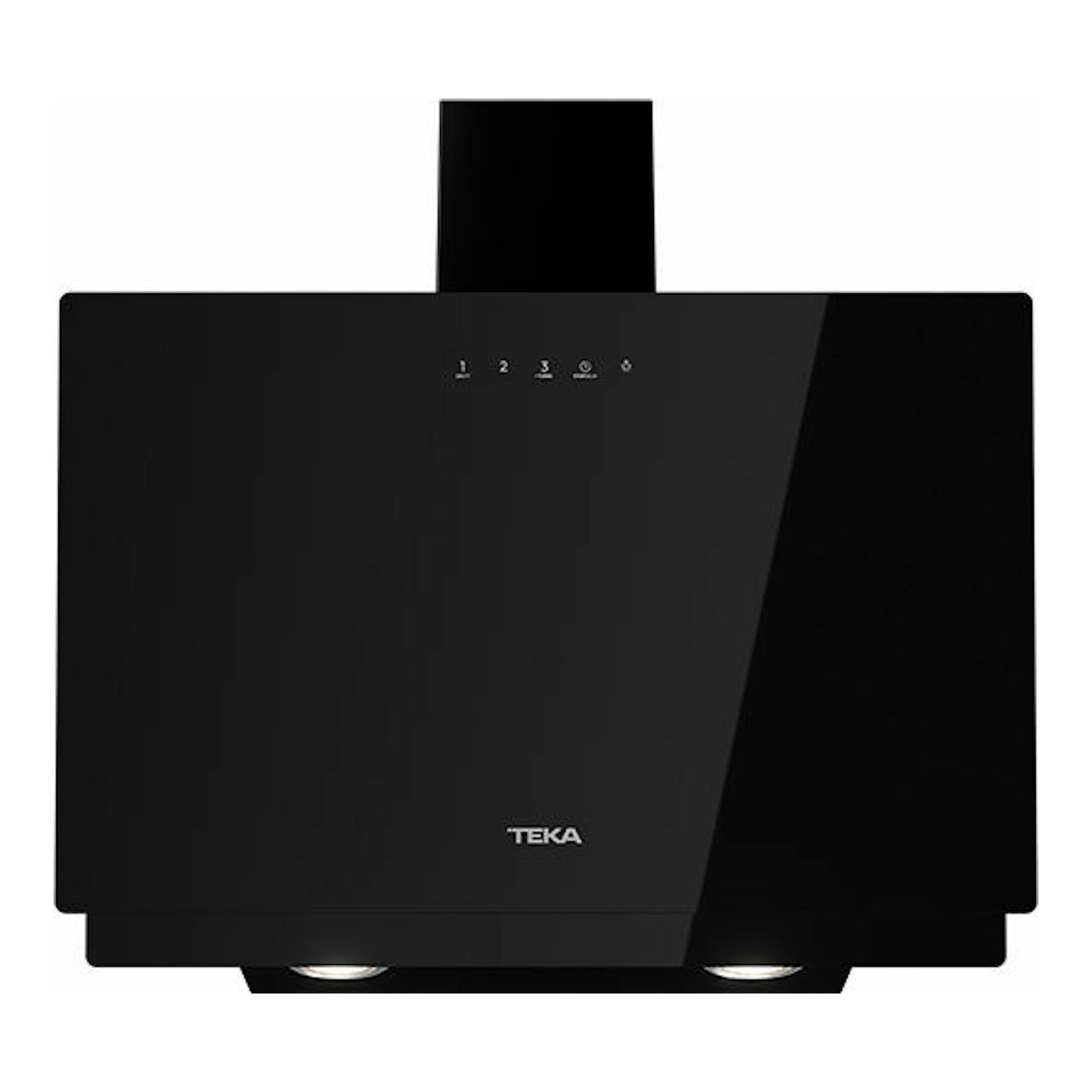 Campana decorativa Teka DVN67050TTC BK negra, vista frontal, con panel de vidrio negro y logo Teka.