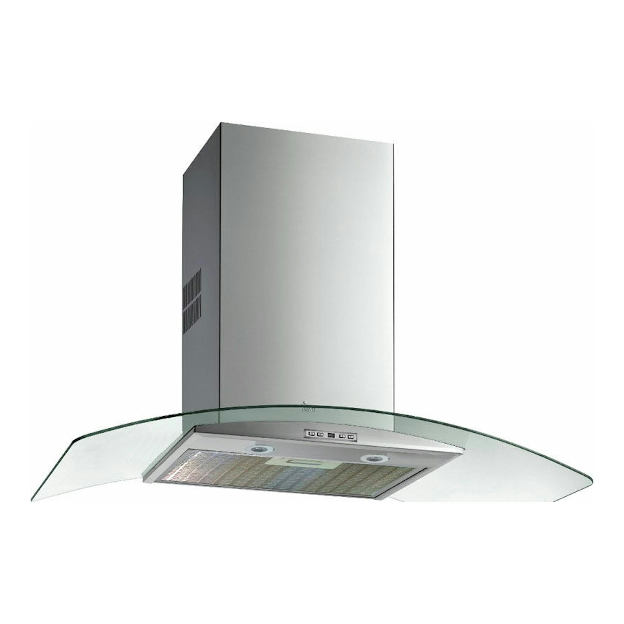 Campana decorativa Teka NC 785 inox, vista frontal en ángulo, con panel de cristal curvo y acero inoxidable