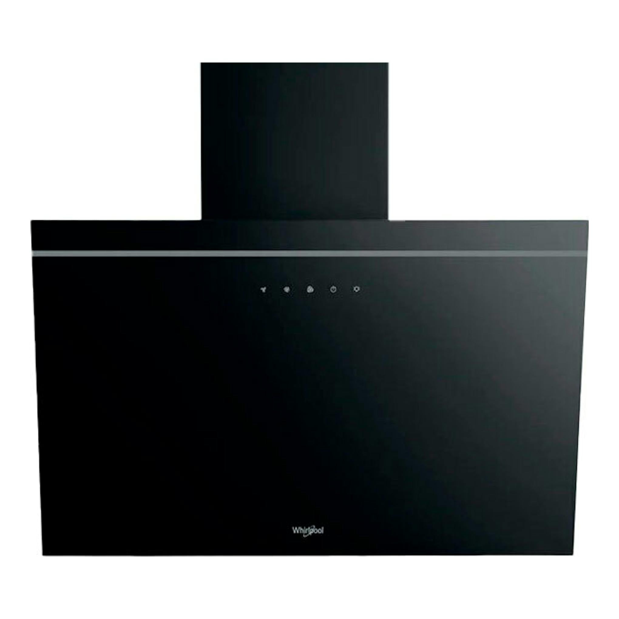 Campana extractora decorativa Whirlpool AKR 62F LT K negra, vista frontal con chimenea superior.