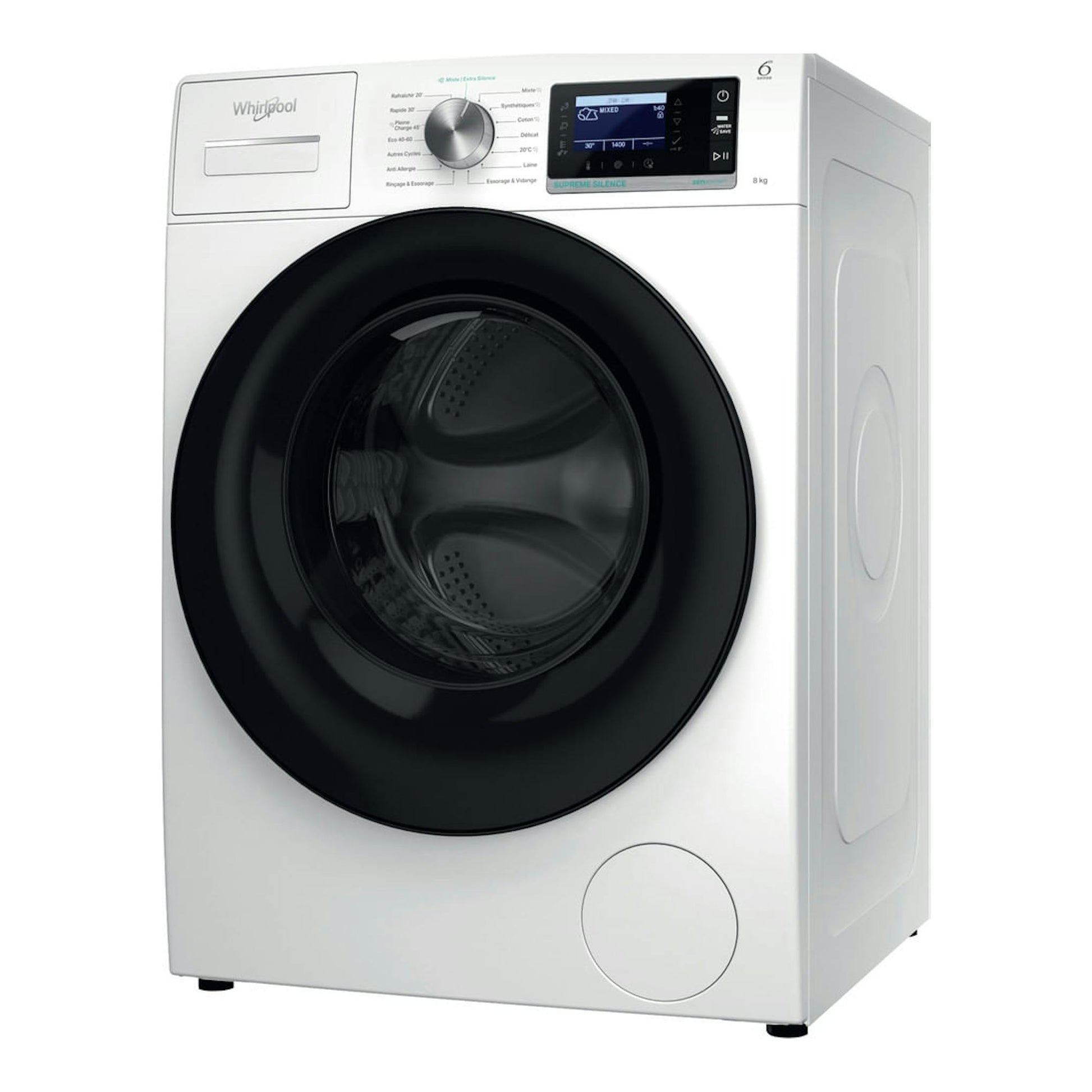 Lavadora frontal Whirlpool blanca con puerta negra, panel digital y tambor visible, vista frontal.