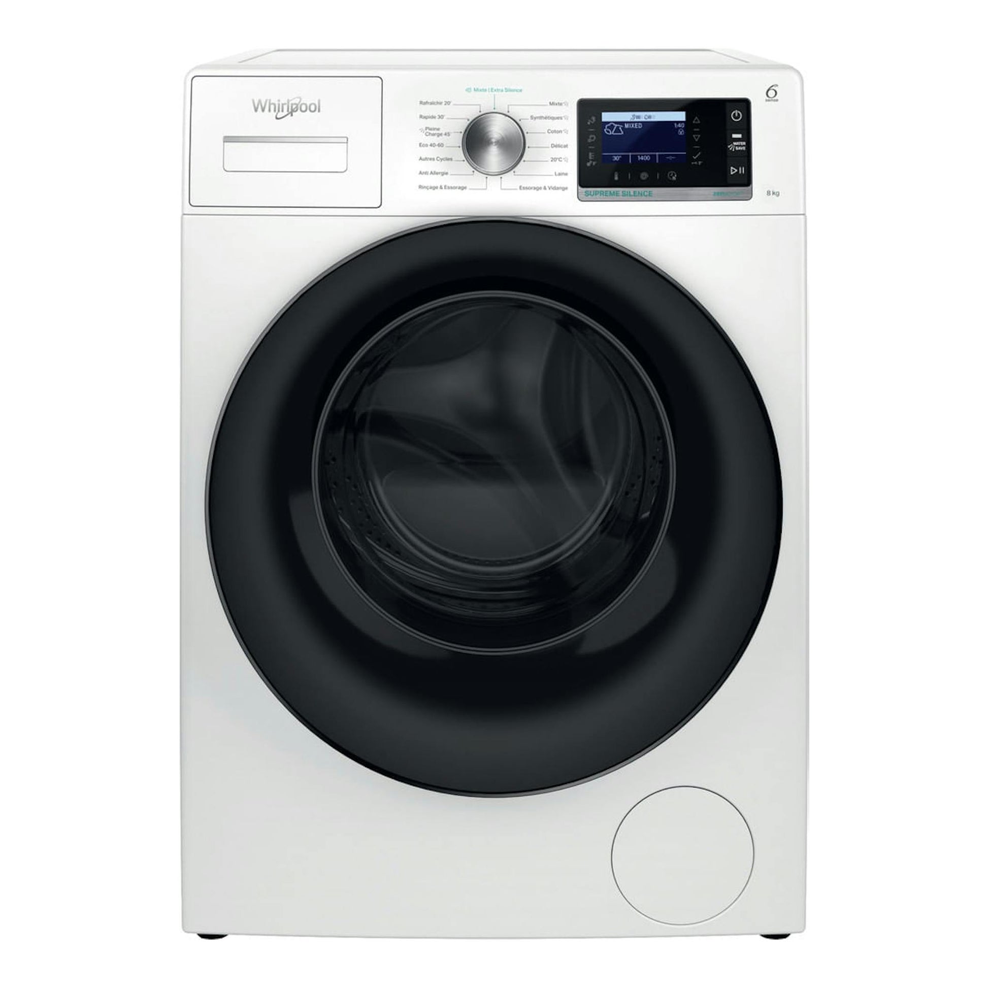 Lavadora frontal Whirlpool blanca, con puerta negra, panel digital superior y selector central.