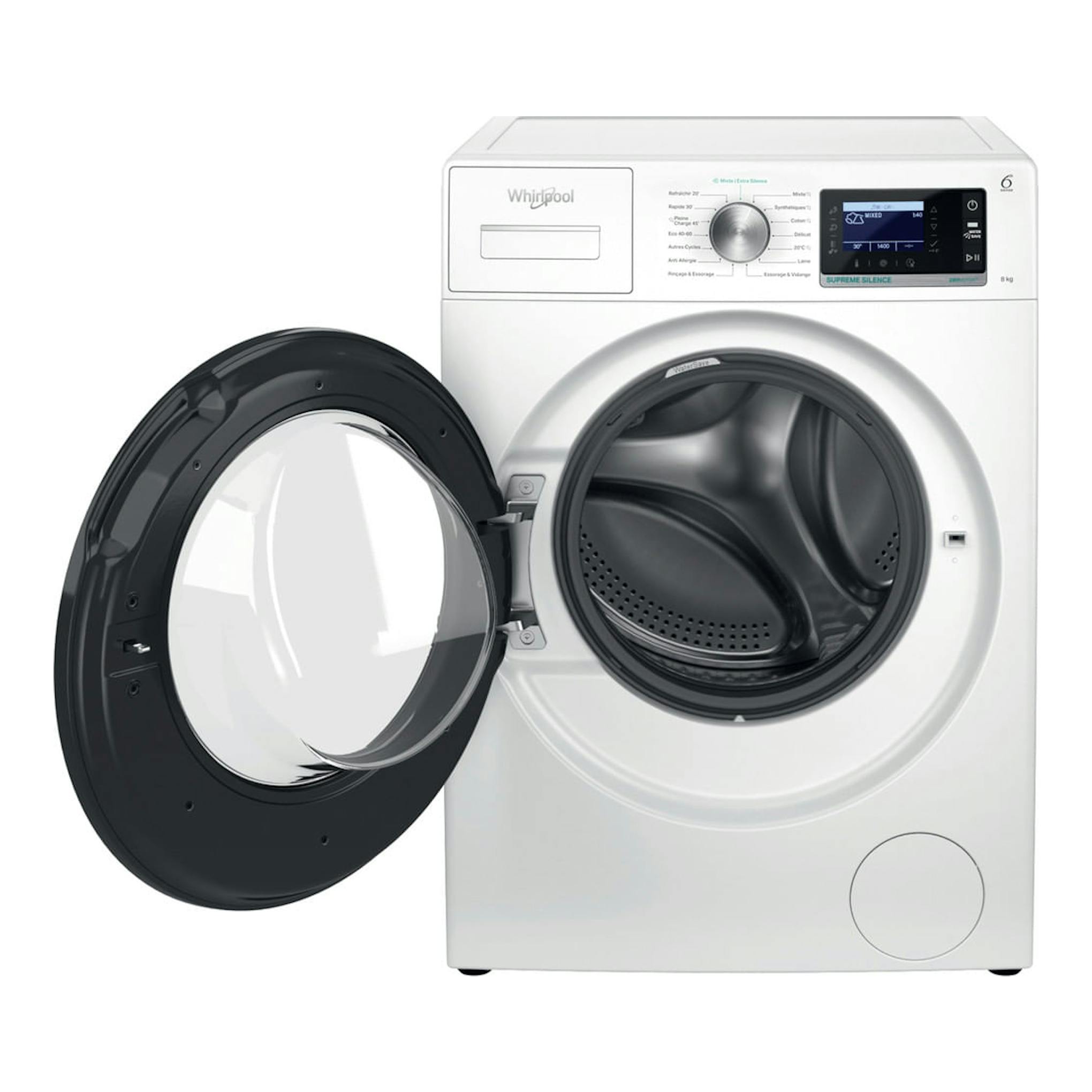 Lavadora Whirlpool blanca, vista frontal, con puerta redonda abierta y panel digital negro.