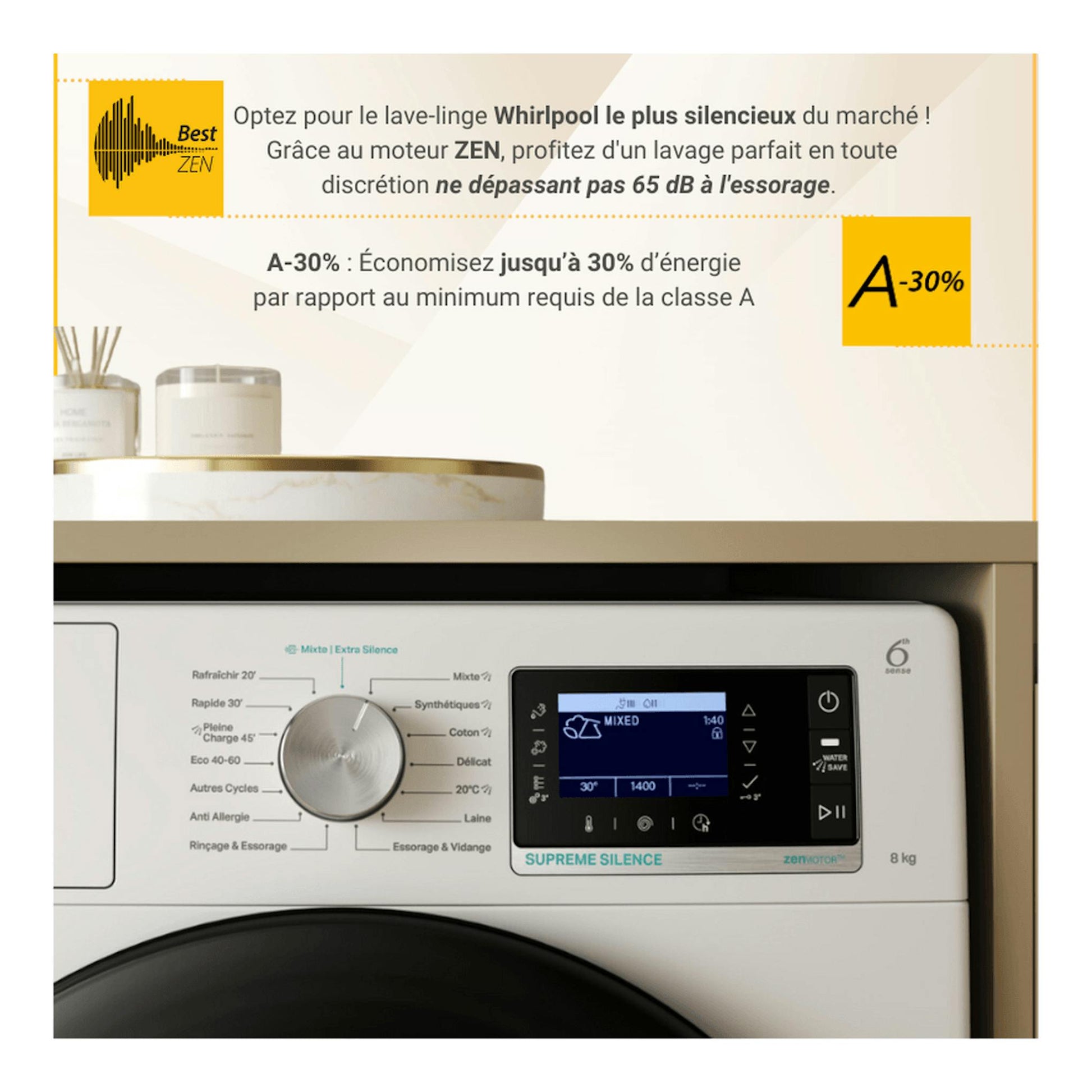Lavadora Whirlpool blanca, vista frontal parcial, con selector central y pantalla digital.