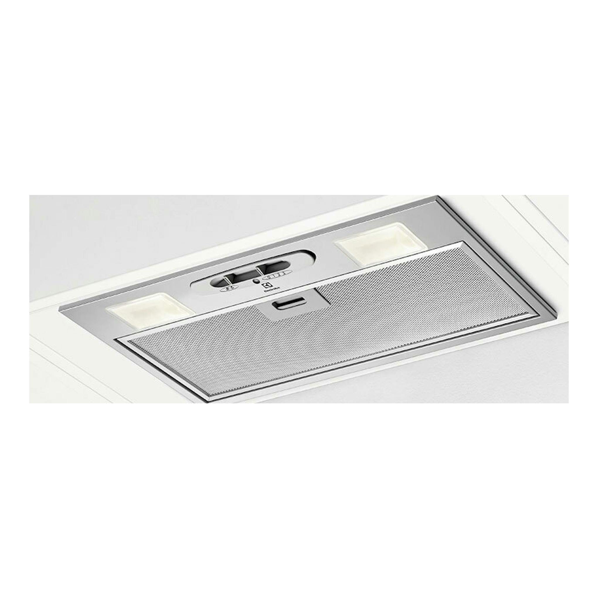 Campana Electrolux LFG235S inox, vista inferior inclinada, con dos luces y filtro metálico.