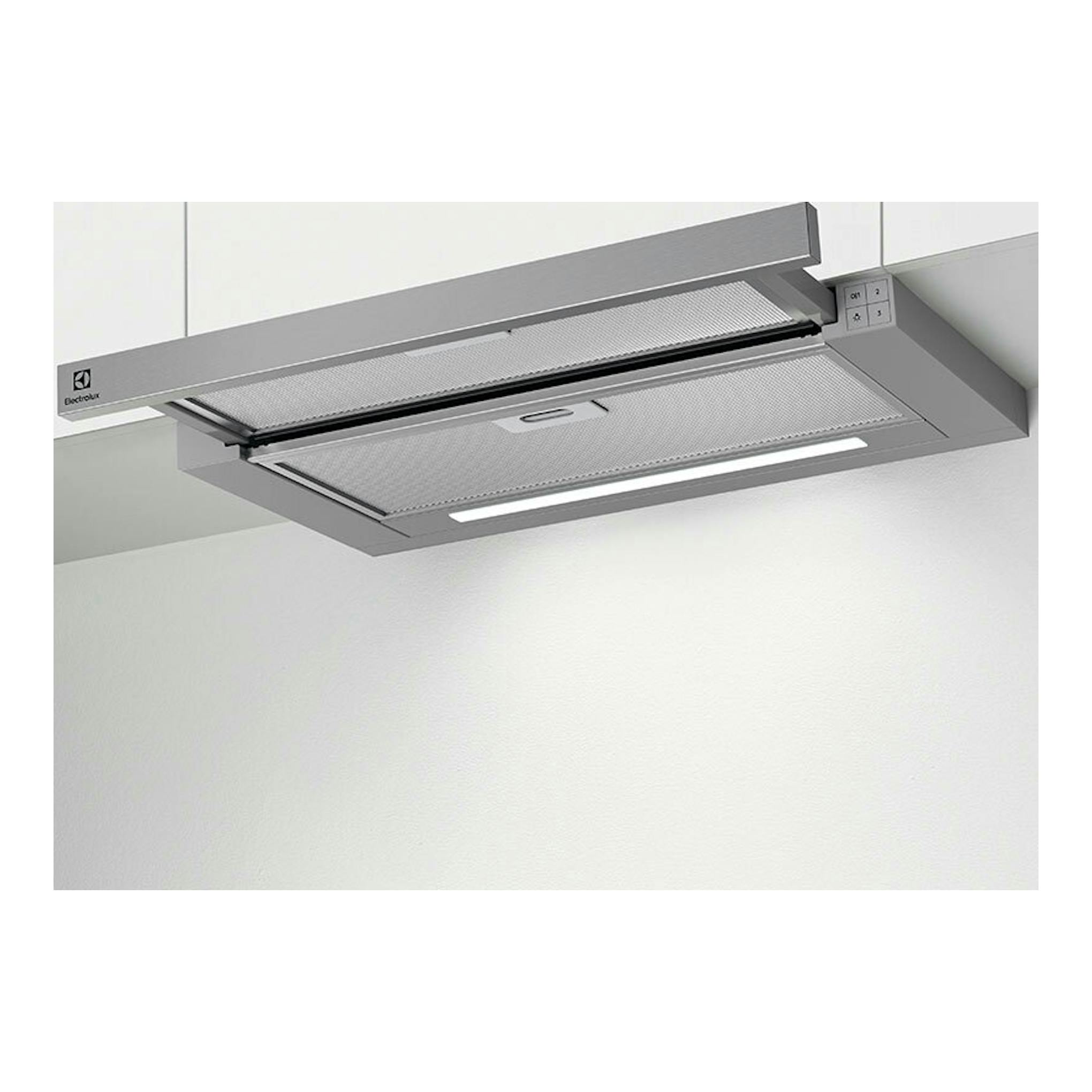Campana extractora Electrolux LFP416X inox, vista inferior telescópica con iluminación LED.