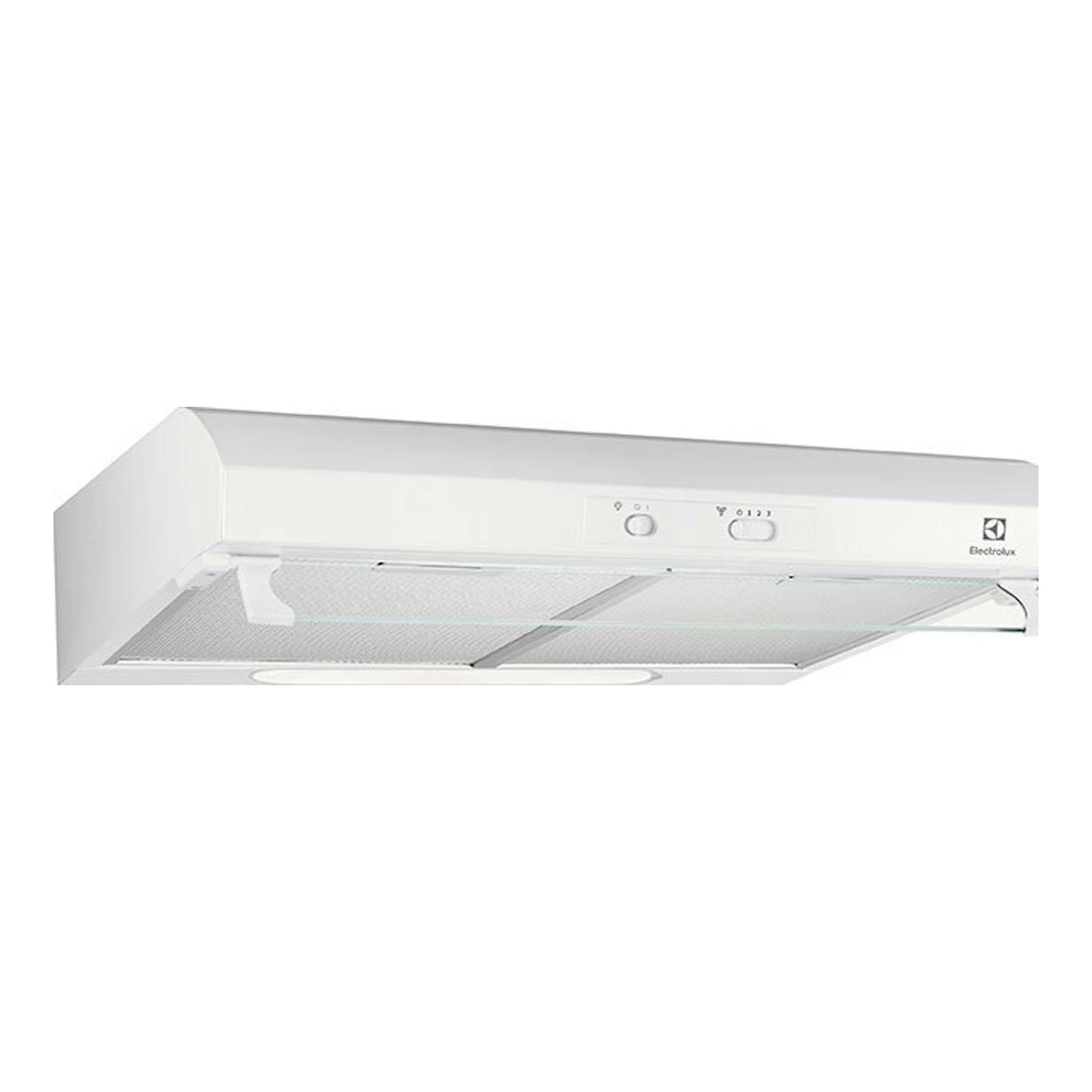 Campana extractora Electrolux LFU226W blanca, vista frontal en ángulo, con filtros metálicos y mandos.