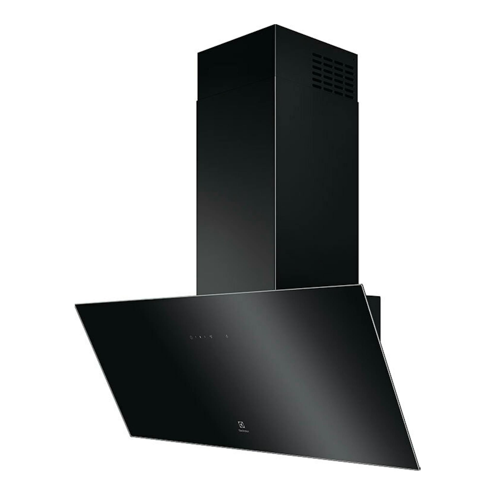 Campana extractora Electrolux LFV439K negra, vista frontal en ángulo, con chimenea vertical negra.