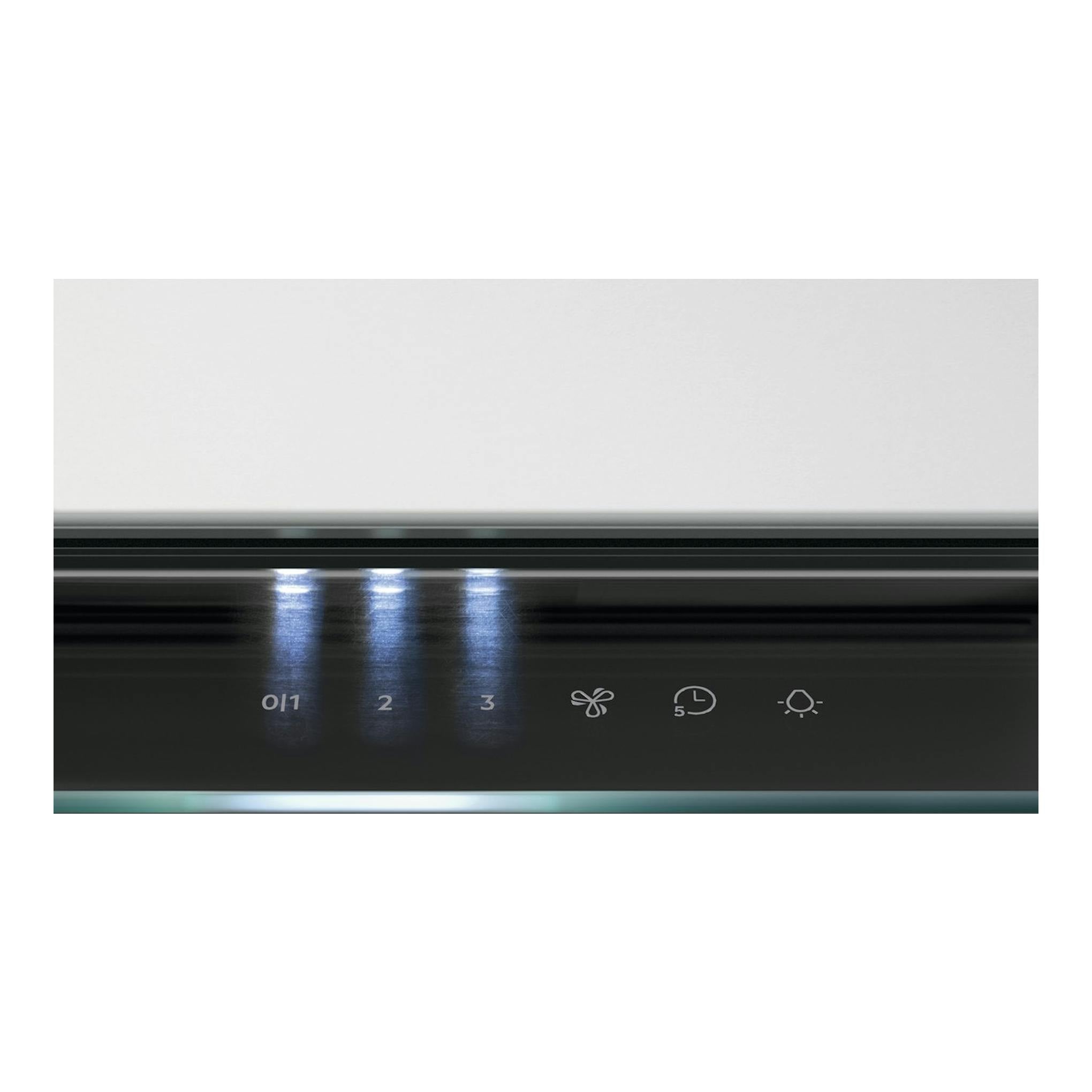 Campana telescópica AEG GE68D9HB negra, vista frontal parcial con panel táctil iluminado.