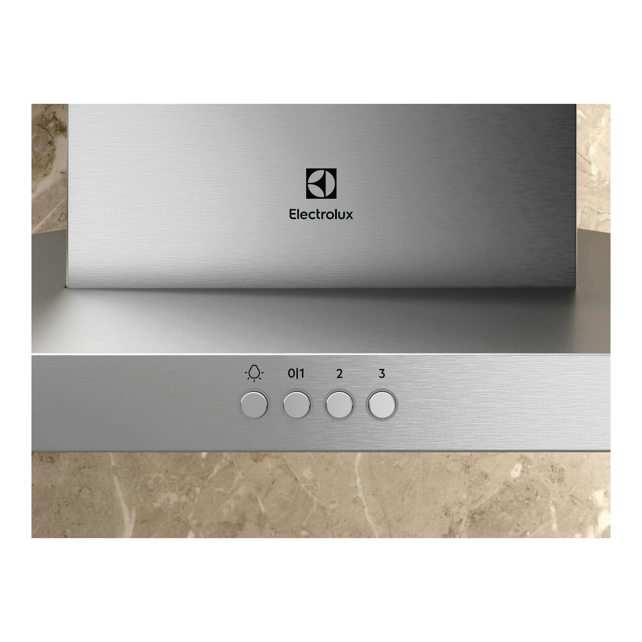 Campana extractora decorativa Electrolux LFC516X en acero inoxidable, vista frontal con botones 0/1, 2 y 3.