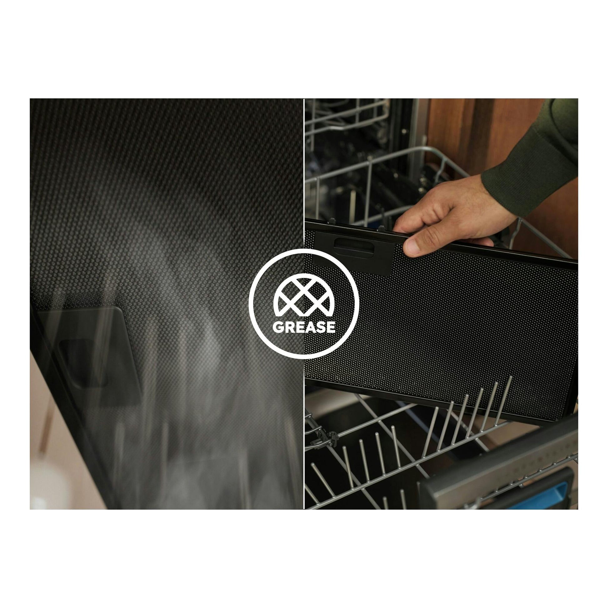 Filtro antigrasa negro de campana telescópica Electrolux KFP326S, en primer plano.