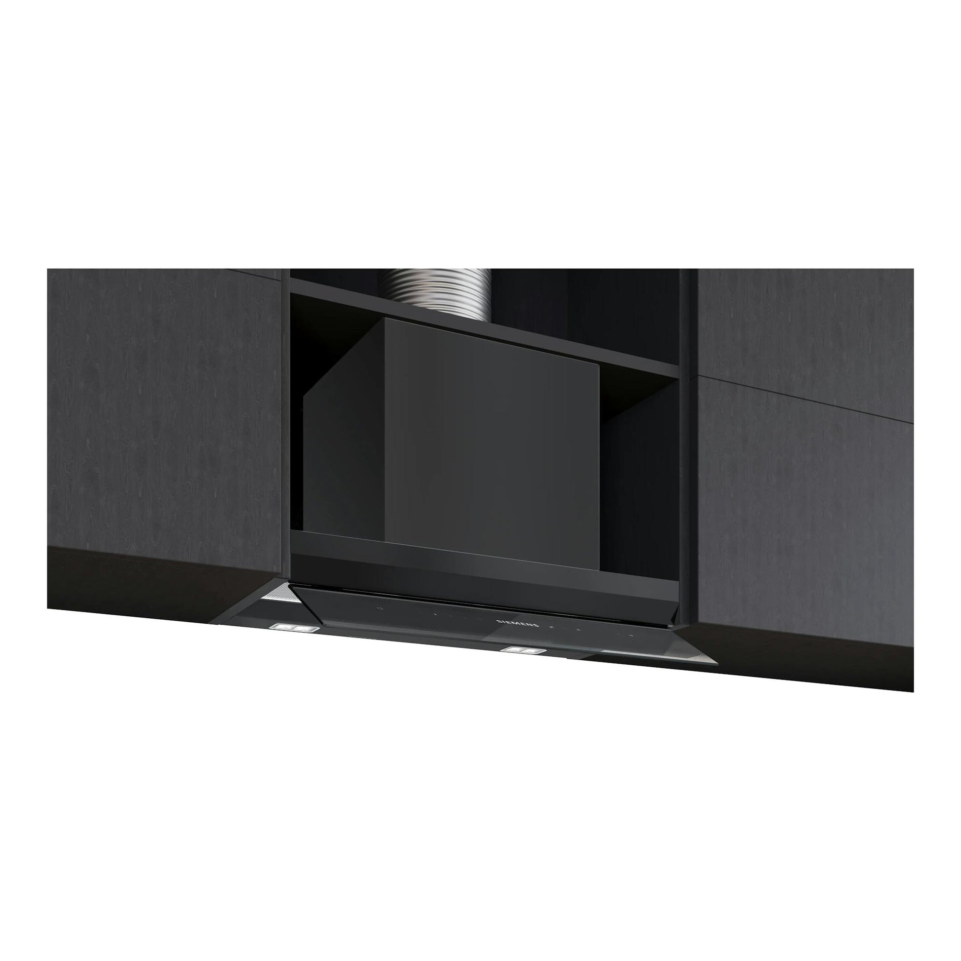 Campana extractora Siemens LJ68BET60 negra mate, vista frontal integrada en mueble de cocina.