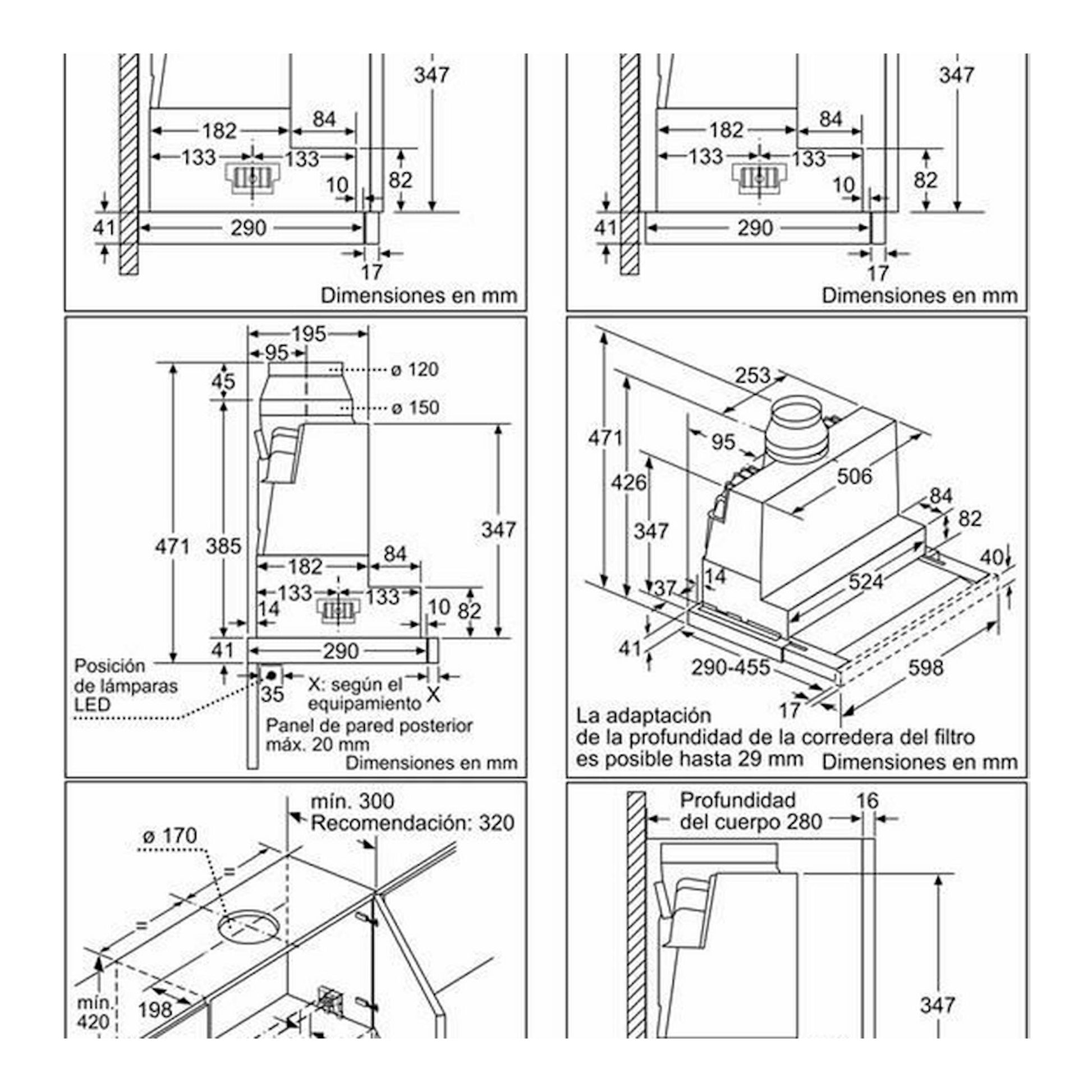 Bosch DFS067K51, esquema técnico en blanco y negro de campana extraíble con medidas y vistas laterales.
