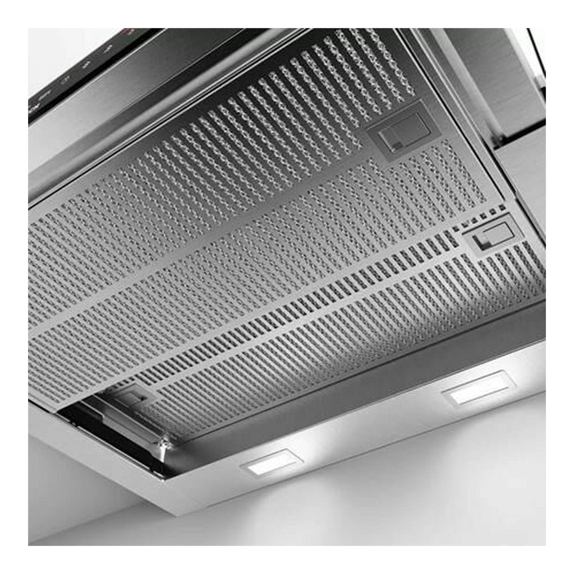 Campana extraíble Bosch DFS067K51 inox, vista inferior en ángulo, con filtros metálicos y luces LED.