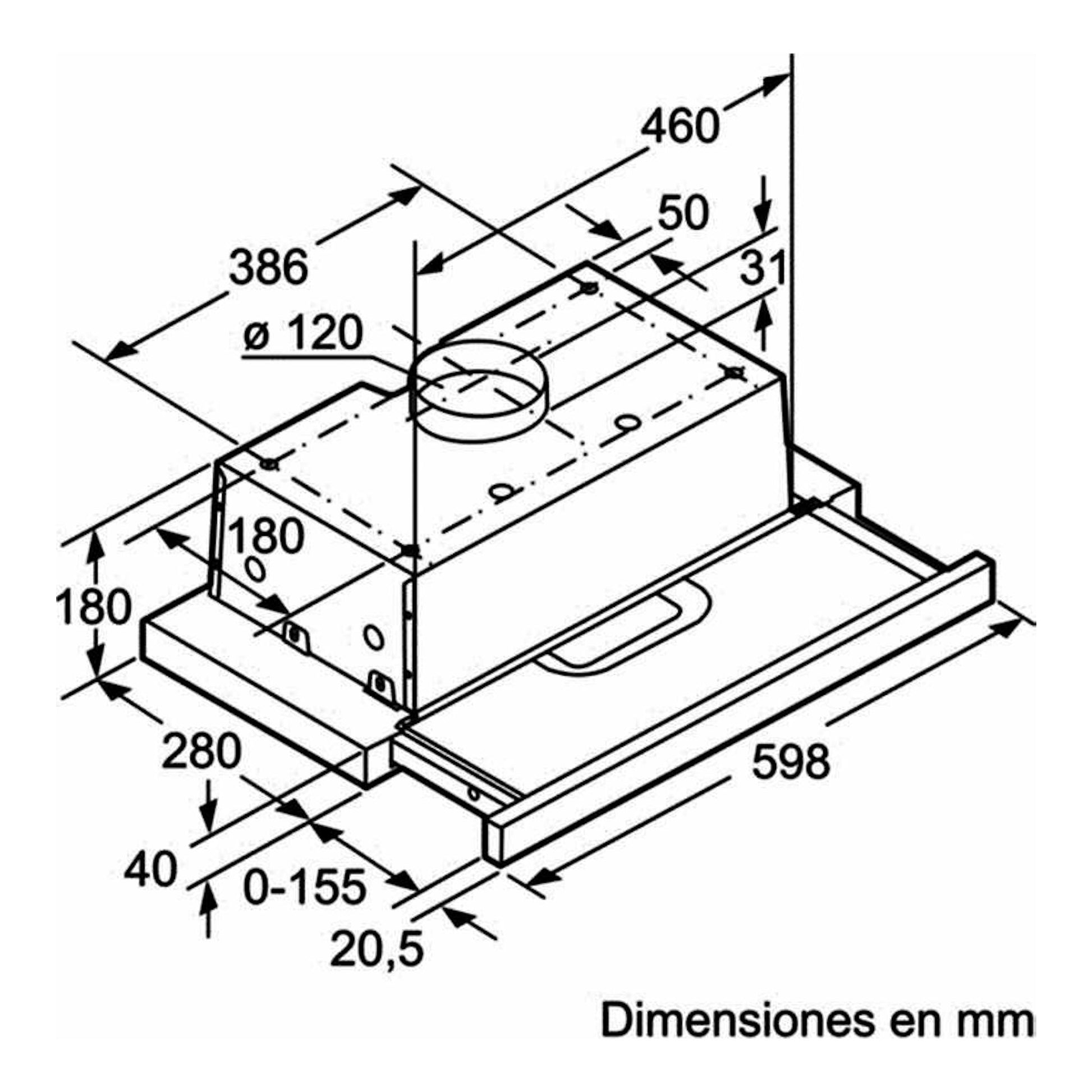 Bosch DFT63AC50: dibujo técnico en blanco y negro de campana extraíble inox con medidas en mm.
