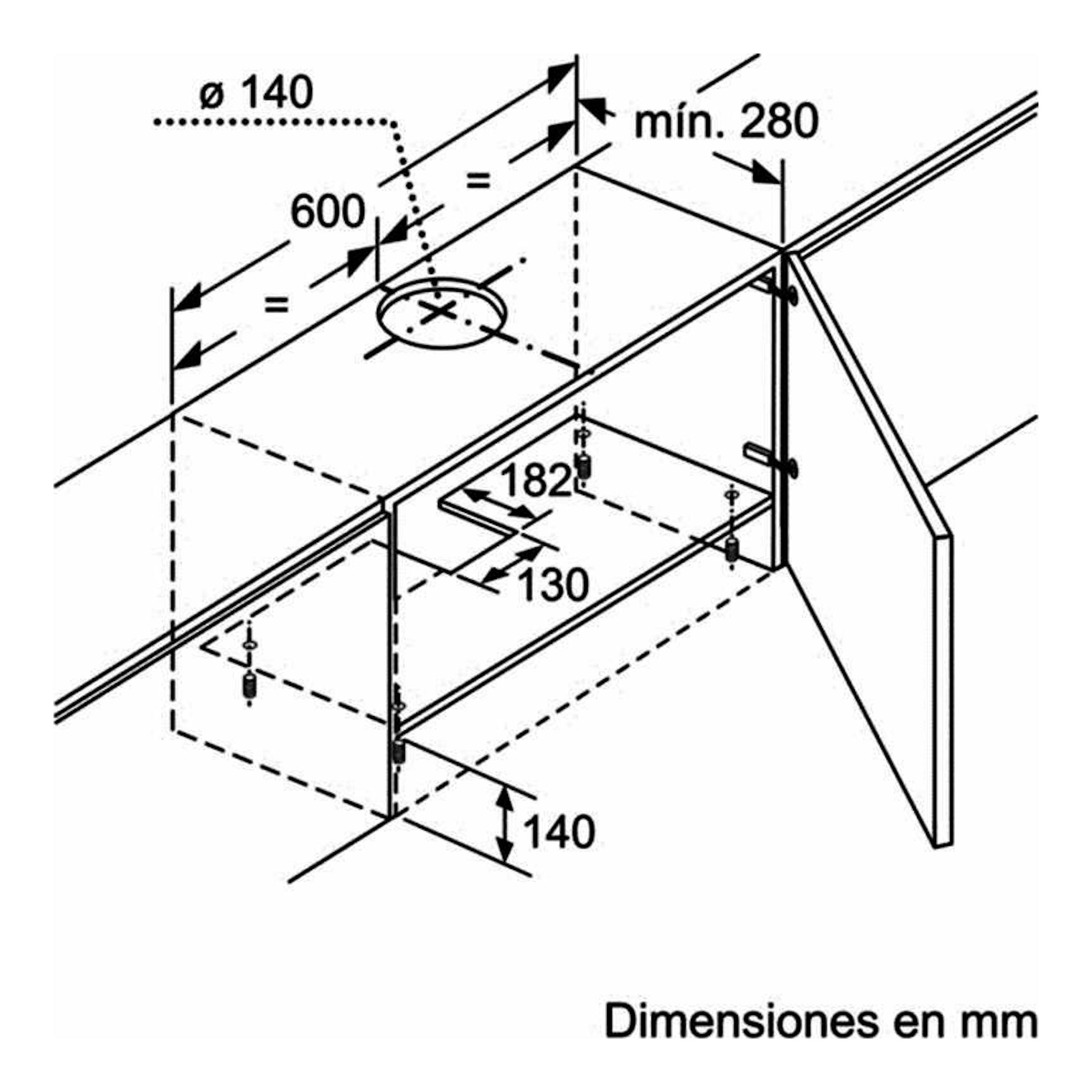 Bosch DFT63AC50: esquema técnico de instalación de campana extraíble en vista isométrica, con medidas en mm.