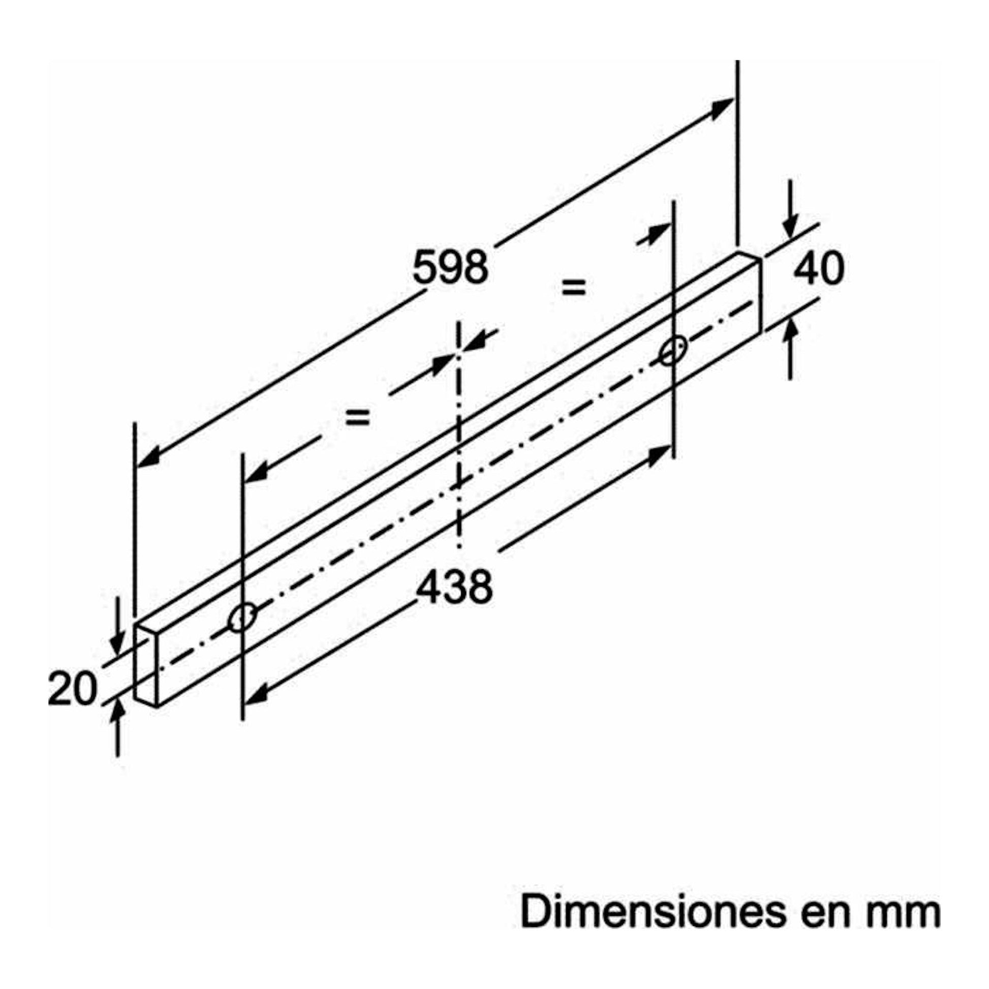 Bosch DFT63AC50 Inox: dibujo técnico en blanco y negro de una pieza alargada con medidas, vista isométrica.
