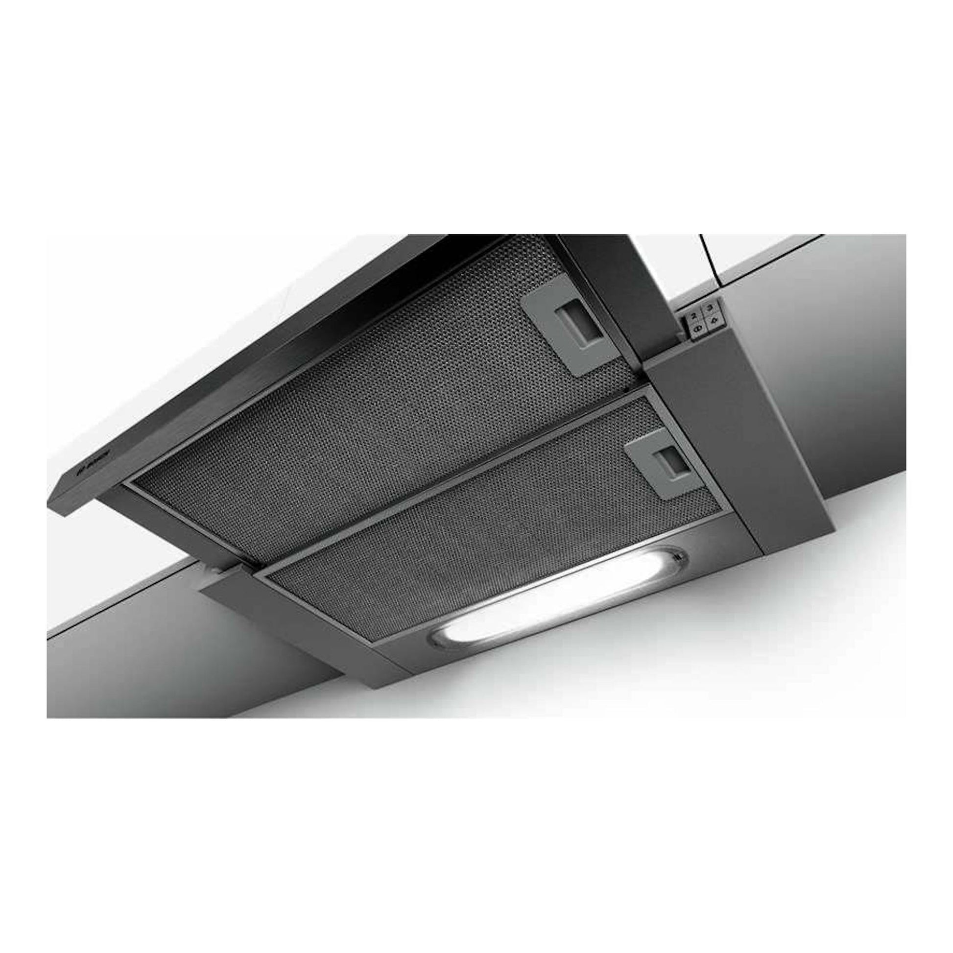Campana extraíble Bosch DFT63AC50 inox, vista inferior, con filtros metálicos y luz.