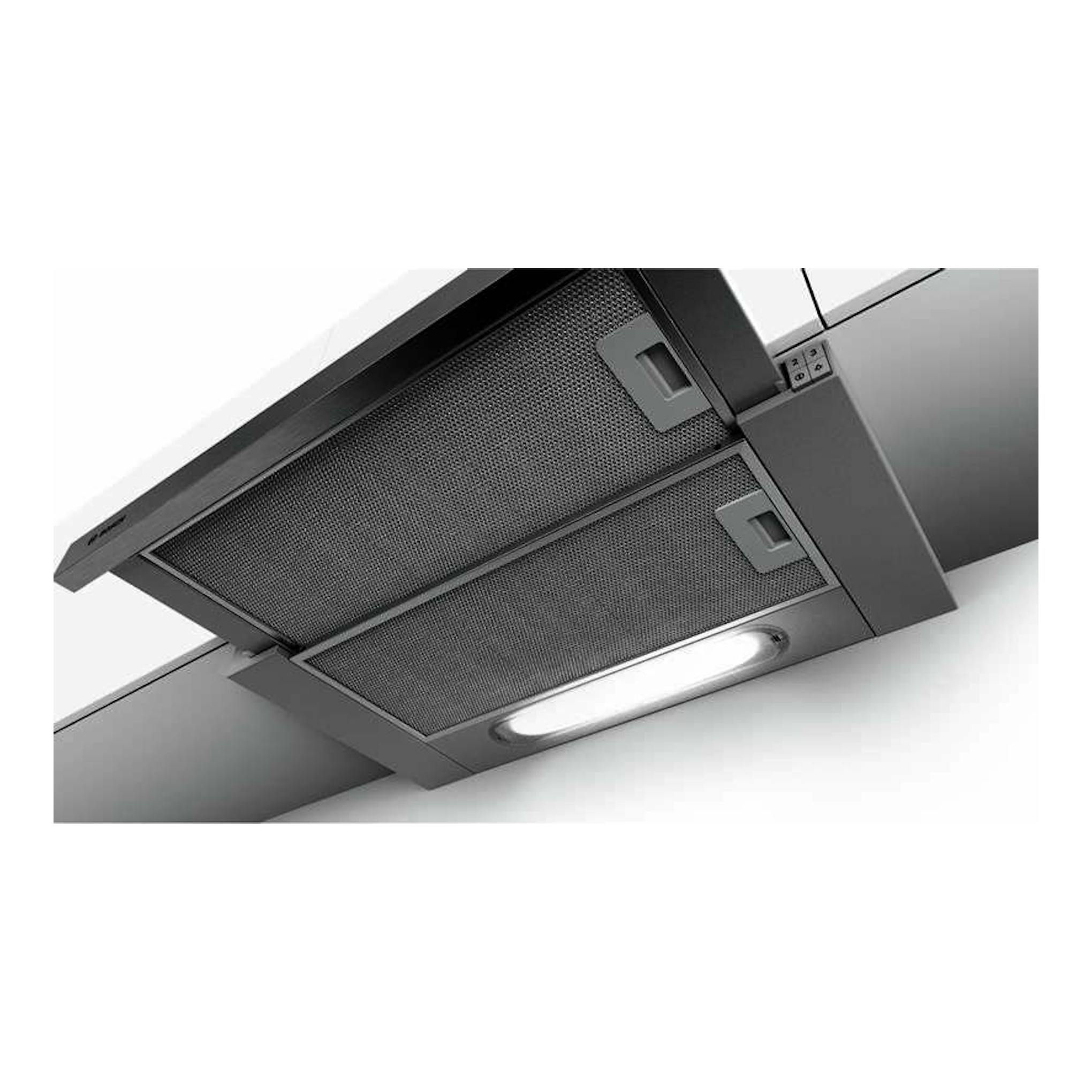 Campana extraíble Bosch DFT63AC50 inox, vista inferior, con filtros metálicos y luz.