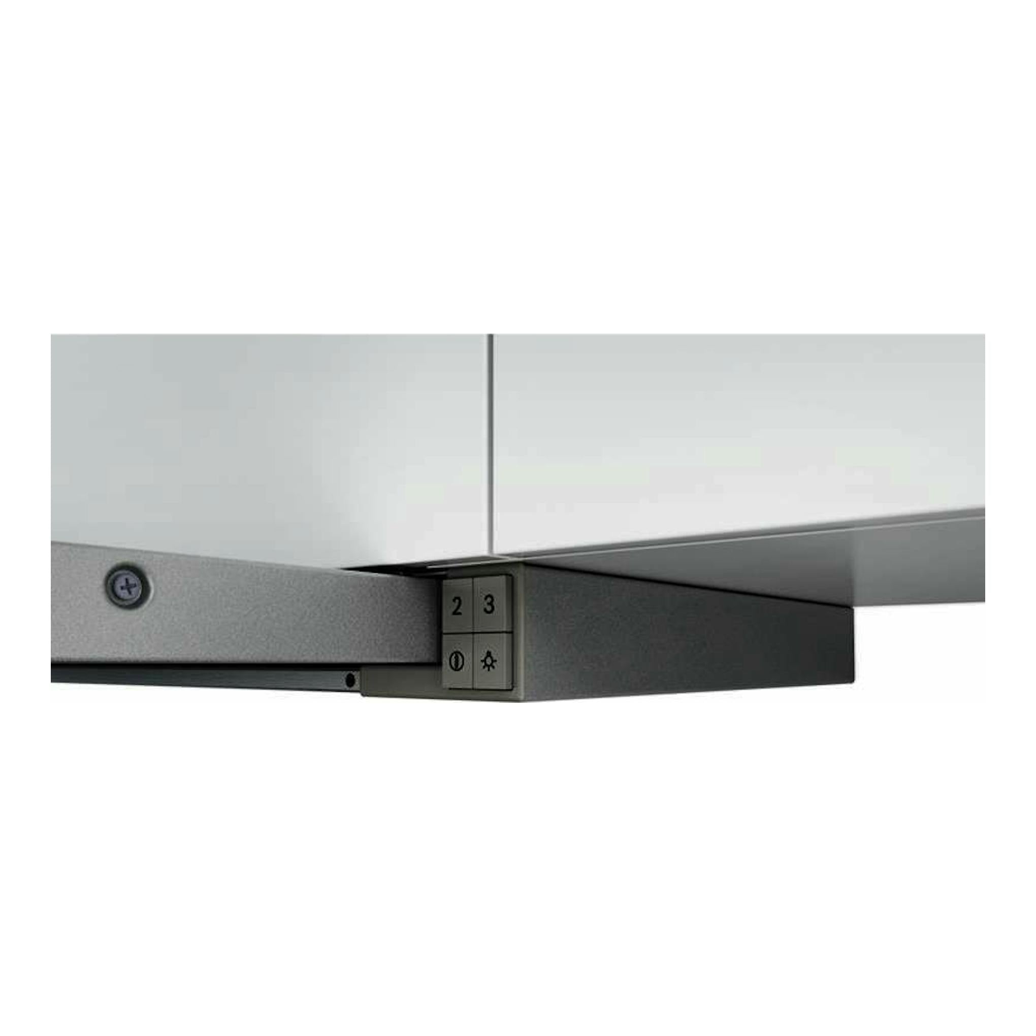 Campana extraíble Bosch DFT63AC50 inox, vista lateral inferior en acero gris con botones de control.