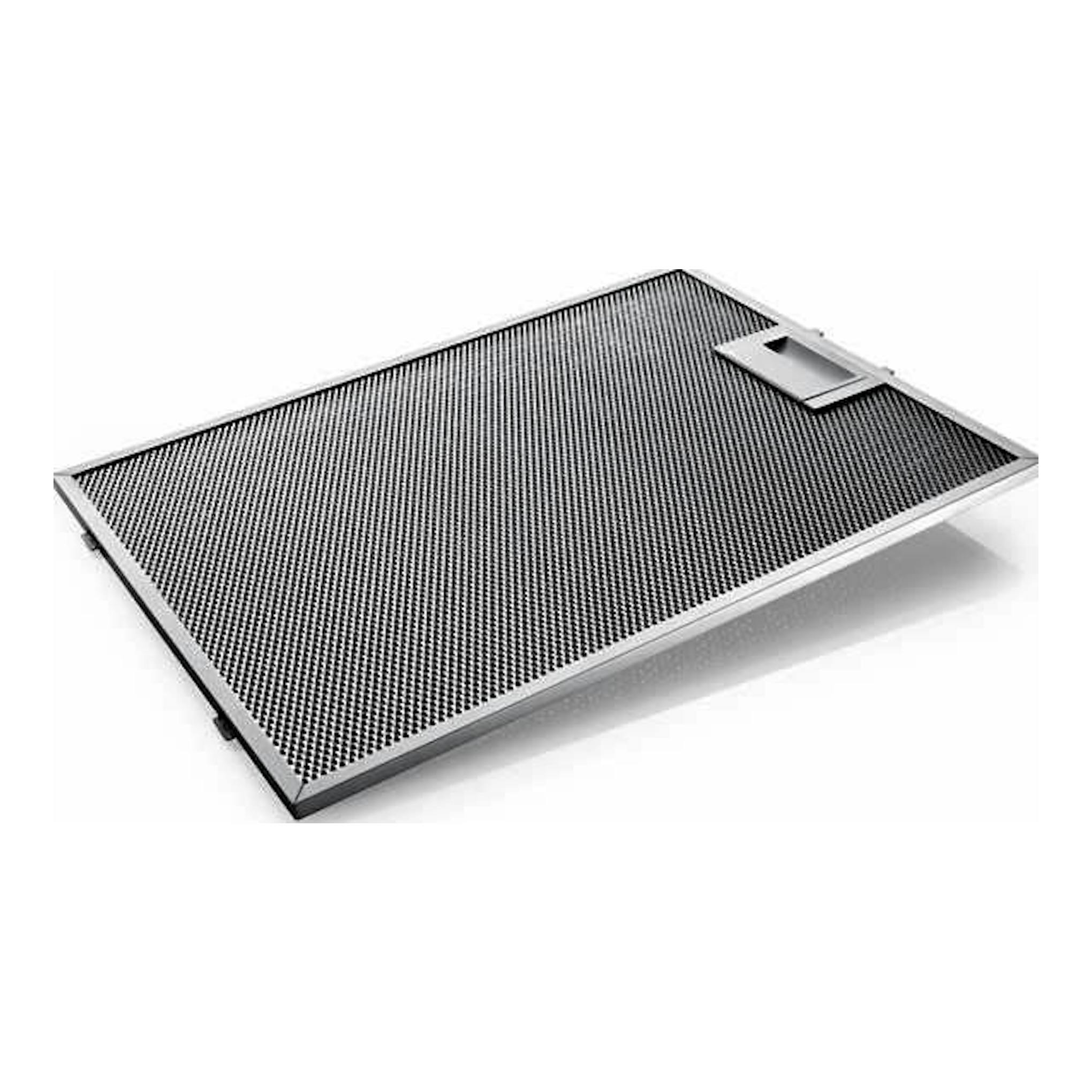 Bosch DFT63AC50: campana extractible inox, vista en ángulo de panel metálico rectangular sobre fondo blanco.