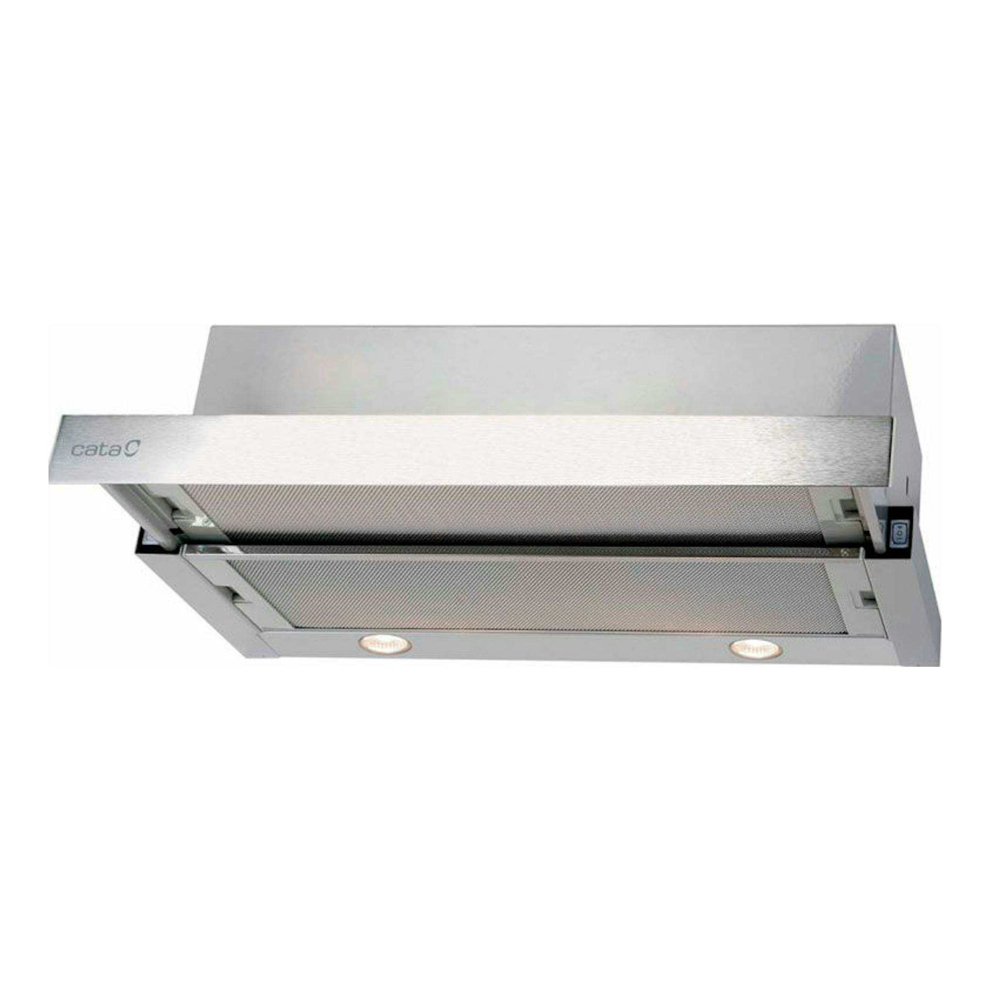 Campana extractora telescópica Cata TF 2003 Duralum 60 inox, vista inferior y frontal en acero plateado.