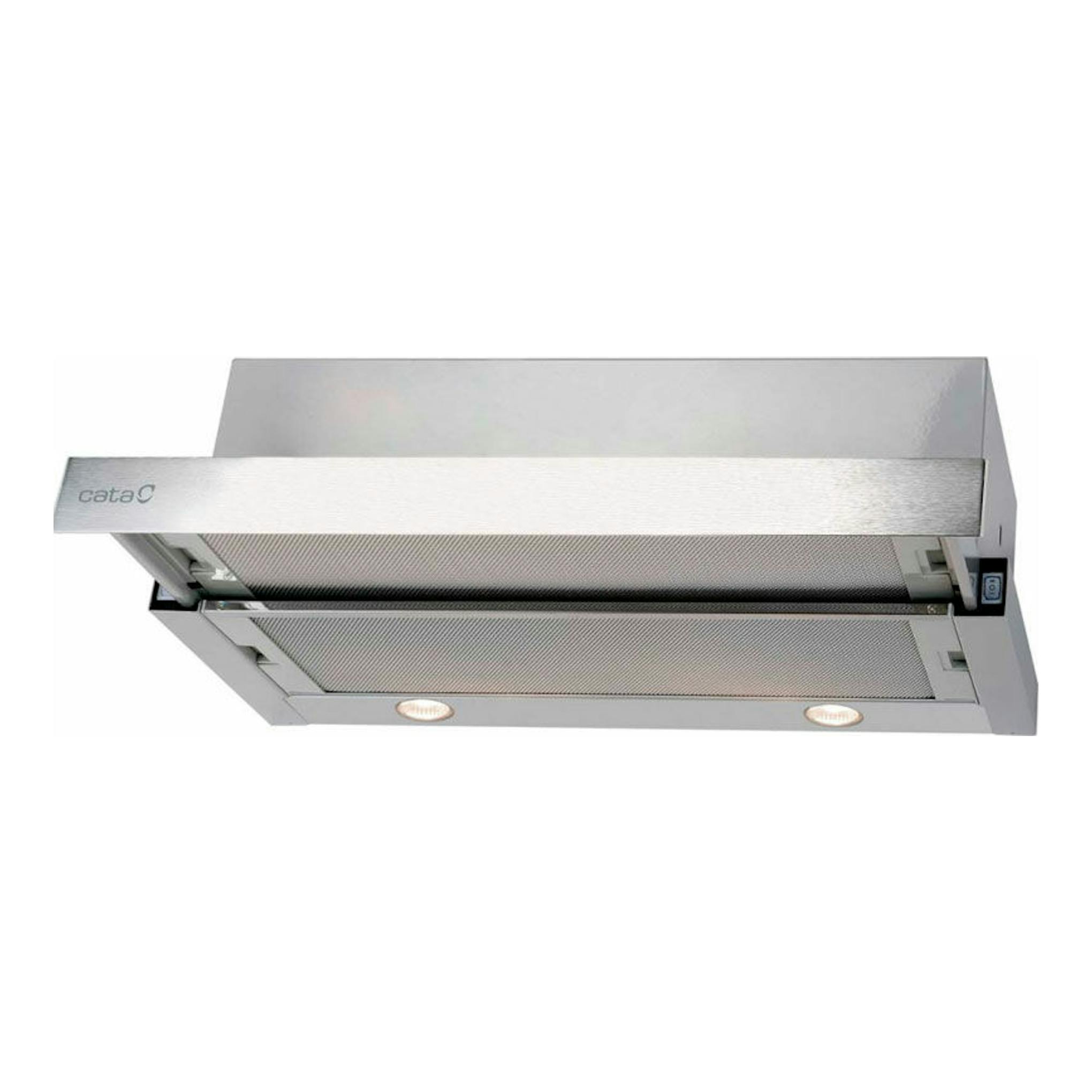 Campana extraíble Cata TF 2003 Duralum 70 Inox, vista inferior en acero inoxidable, con dos luces.
