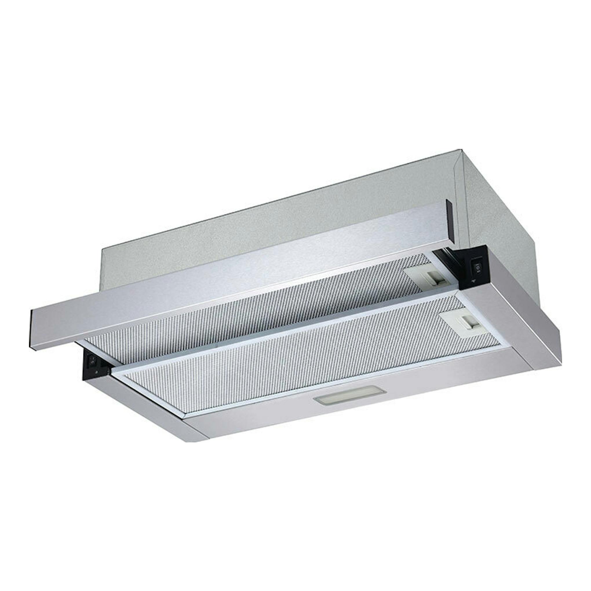 Campana extraíble Cata TFB5160X en inox, vista inferior en ángulo, con frontal extendido y filtro metálico.