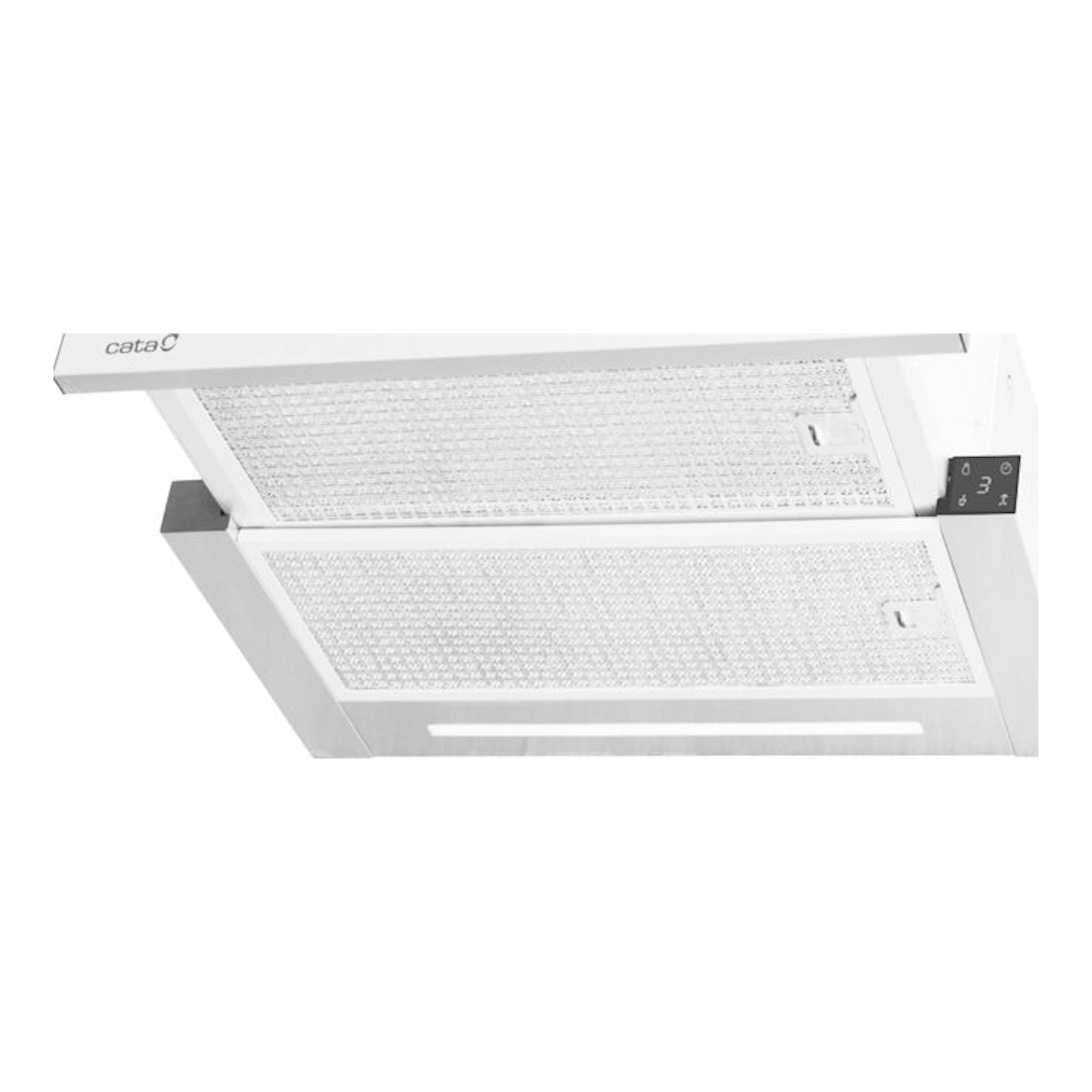 Campana extraíble Cata TFH 6630 WH blanca, vista en ángulo, con filtros metálicos y panel lateral digital.