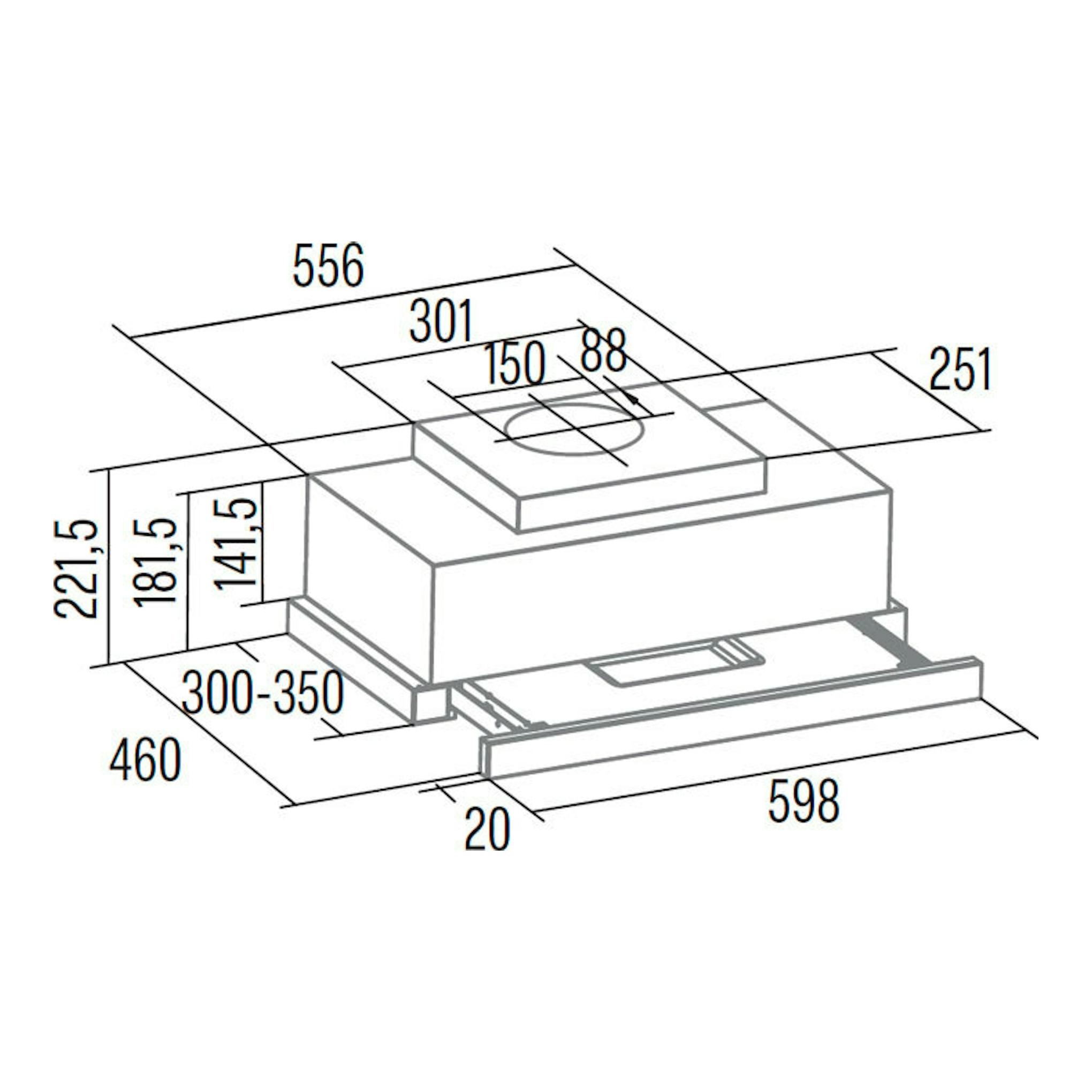 Campana extraíble Cata TFH 6830 GBK, dibujo técnico en blanco y negro con medidas y vista en perspectiva.