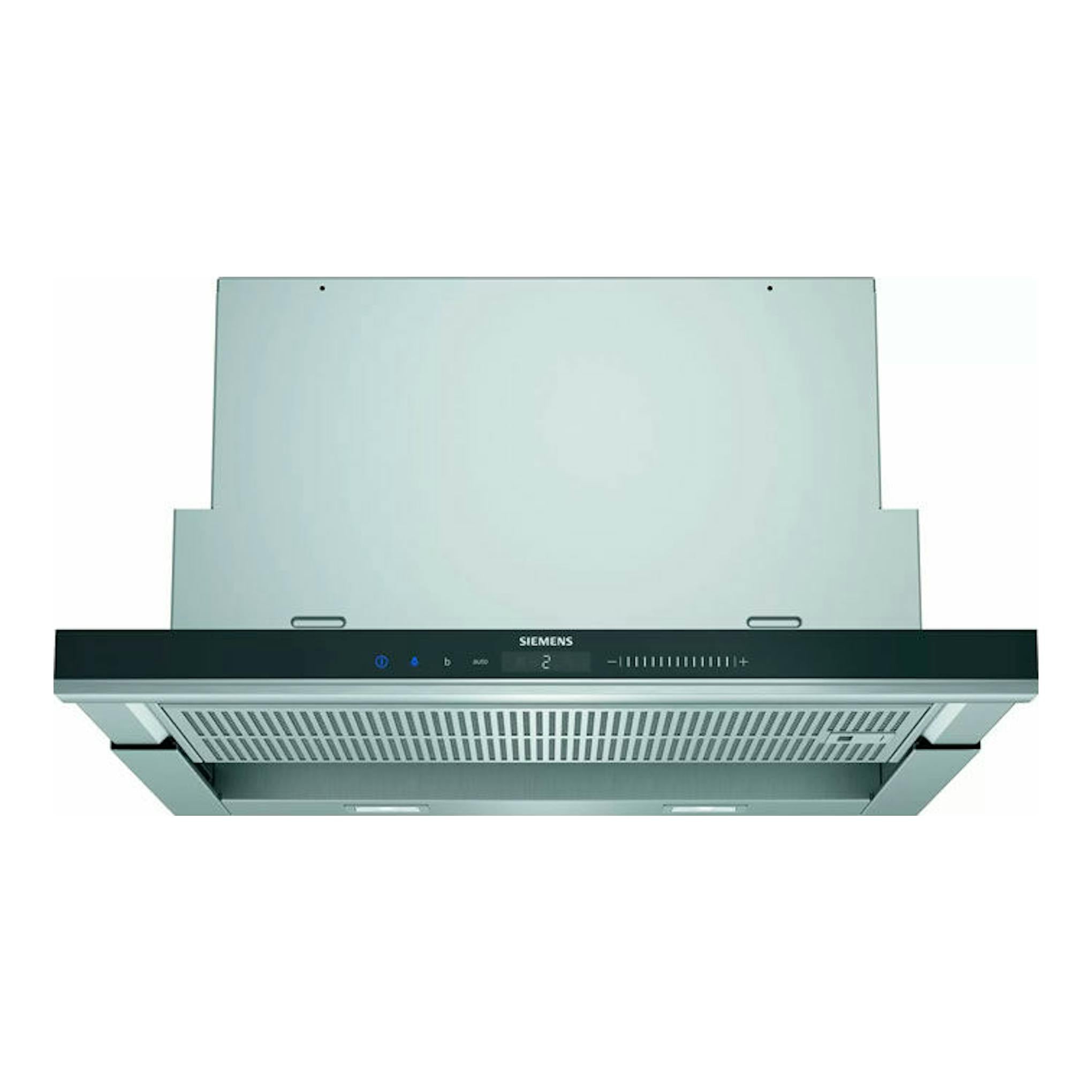 Campana extraíble Siemens LI69SA684 inox, vista frontal con panel negro y mandos táctiles.