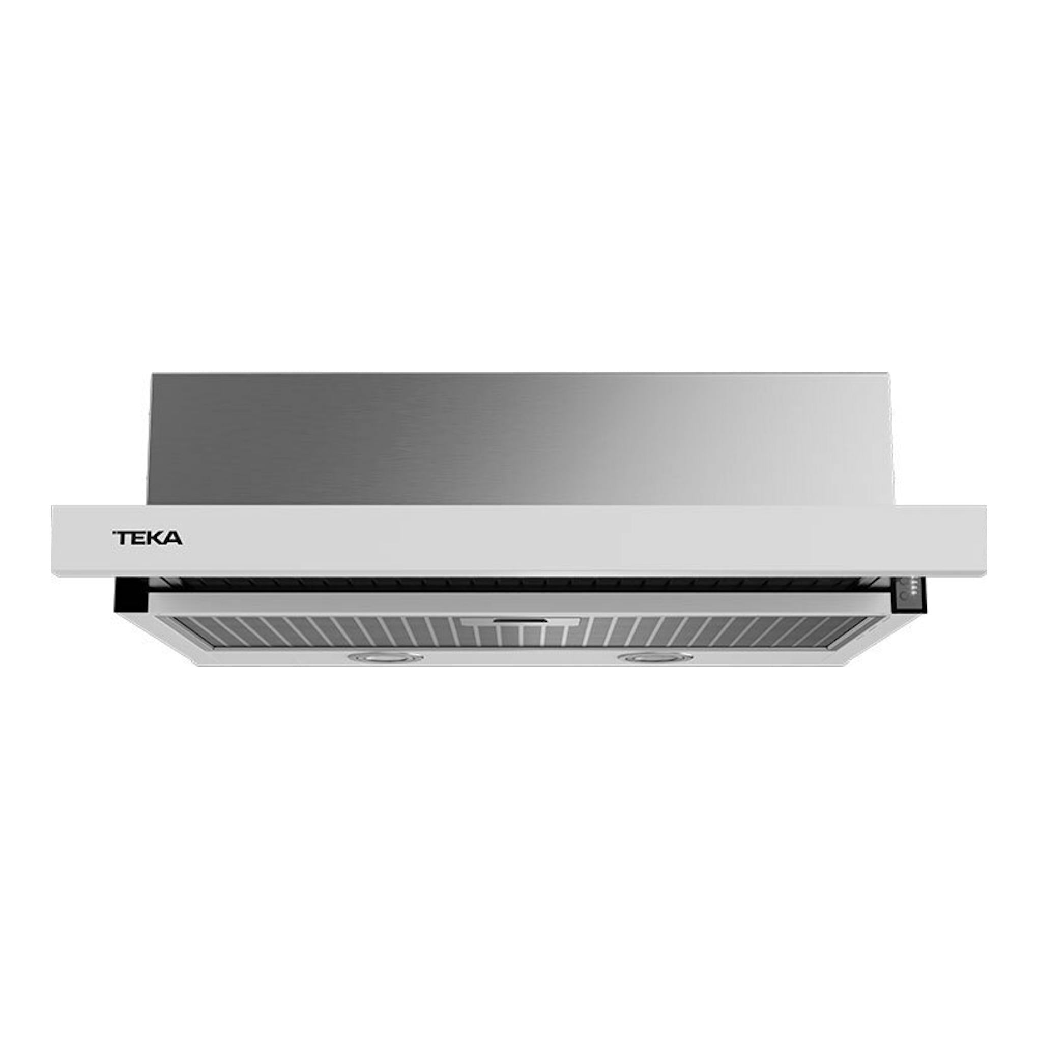Campana extractible Teka CNL 6415 blanca, vista frontal inferior, con panel metálico y rejilla.