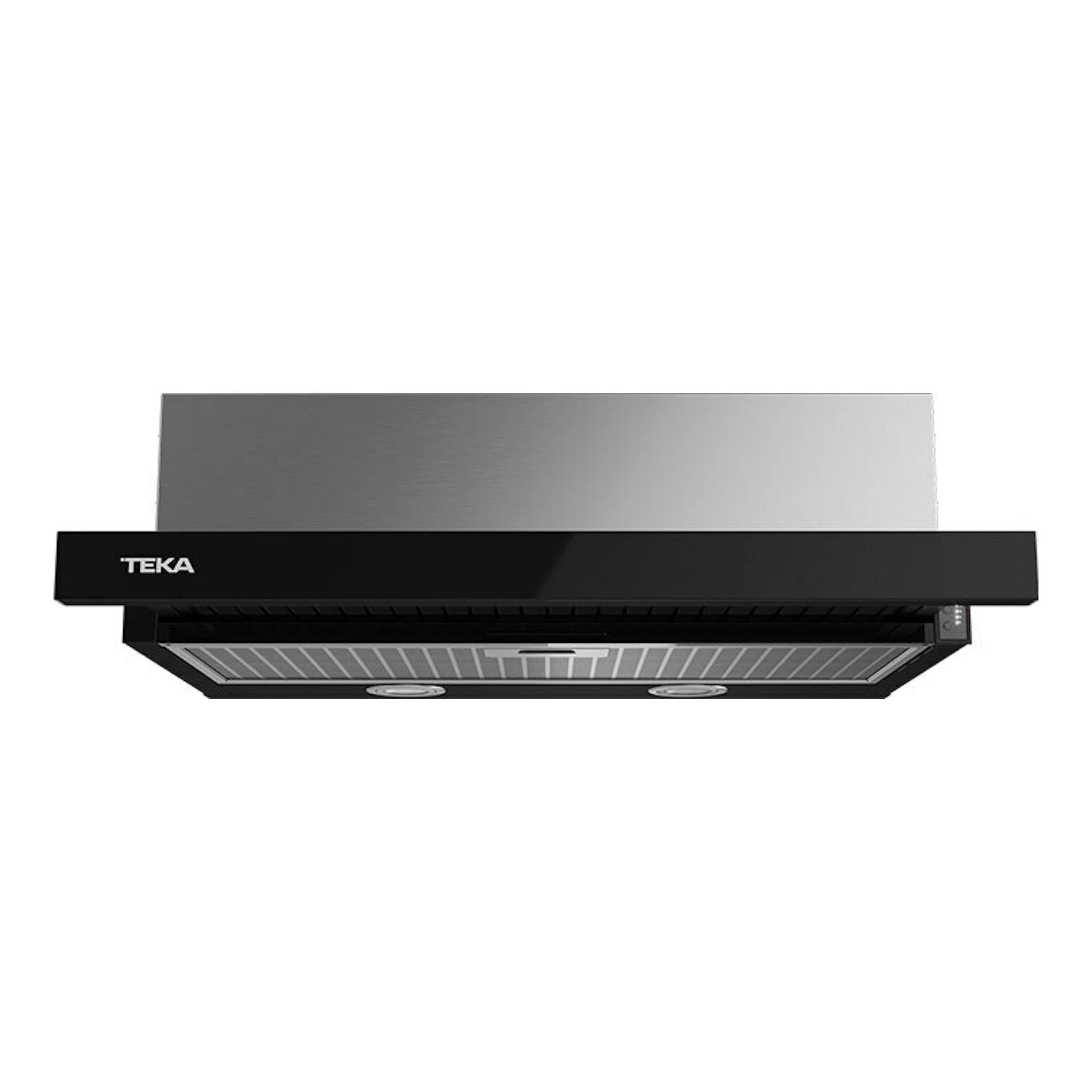 Campana extraíble Teka CNL 6415 negra, vista frontal inferior, con frente negro y cuerpo inoxidable.