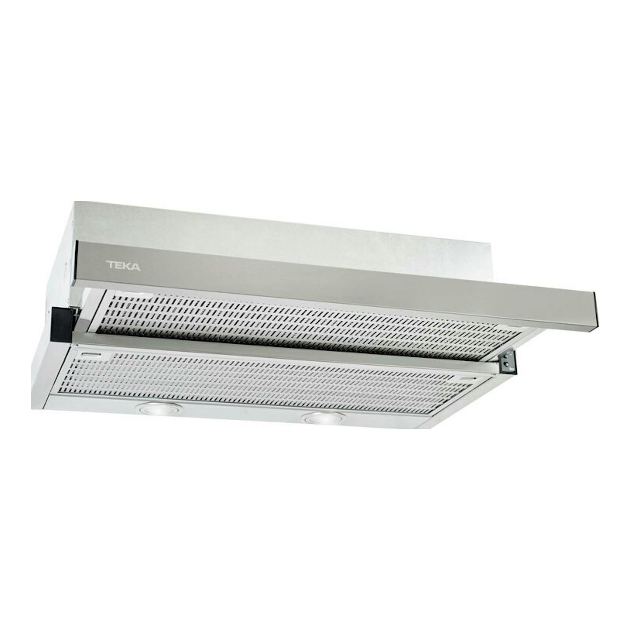Campana extraíble Teka CNL6400.2 IX en acero inoxidable, vista frontal e inferior parcialmente desplegada.