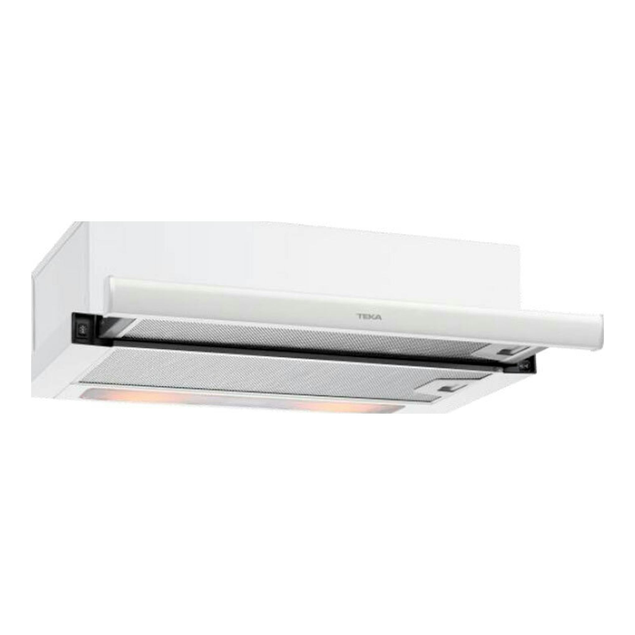 Campana extraíble Teka TL6420.2 WH blanca, vista frontal inferior, con panel extraído.