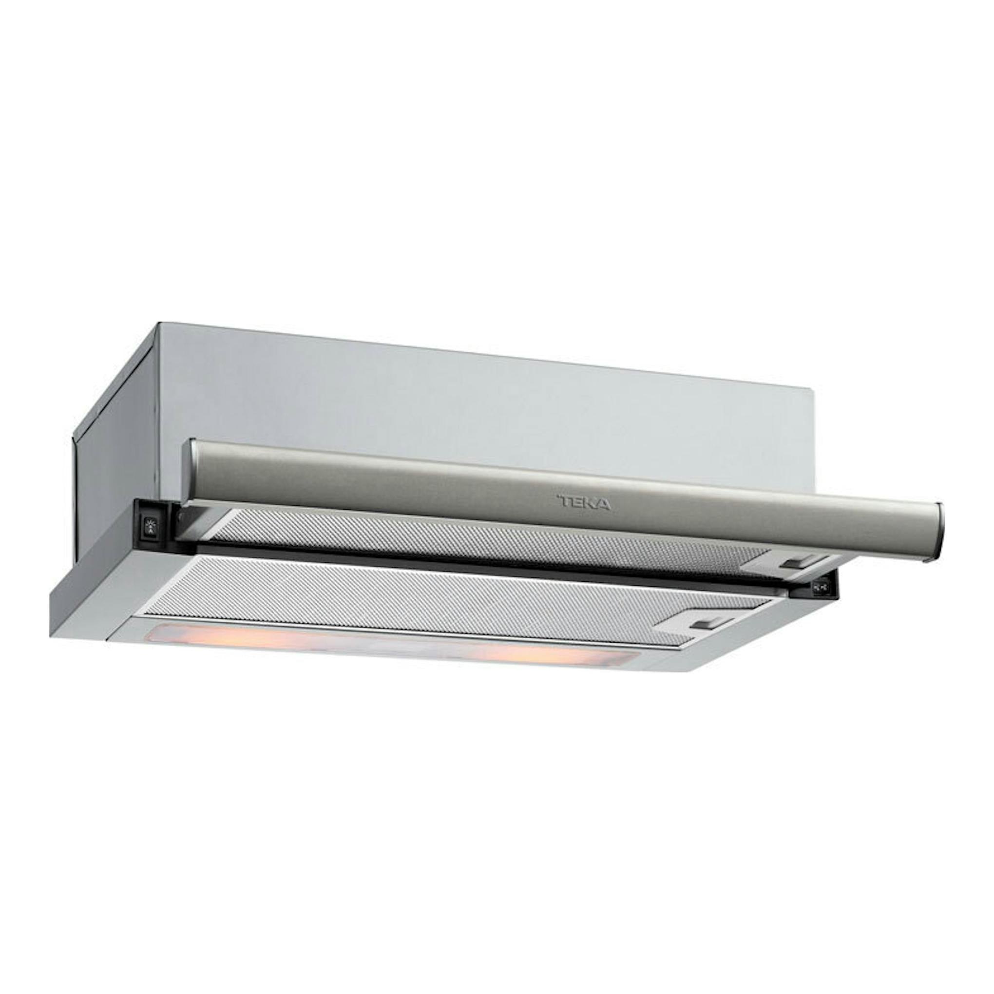Campana extraíble Teka TL6420.2 IX de acero inox, vista frontal en ángulo, con panel telescópico extendido