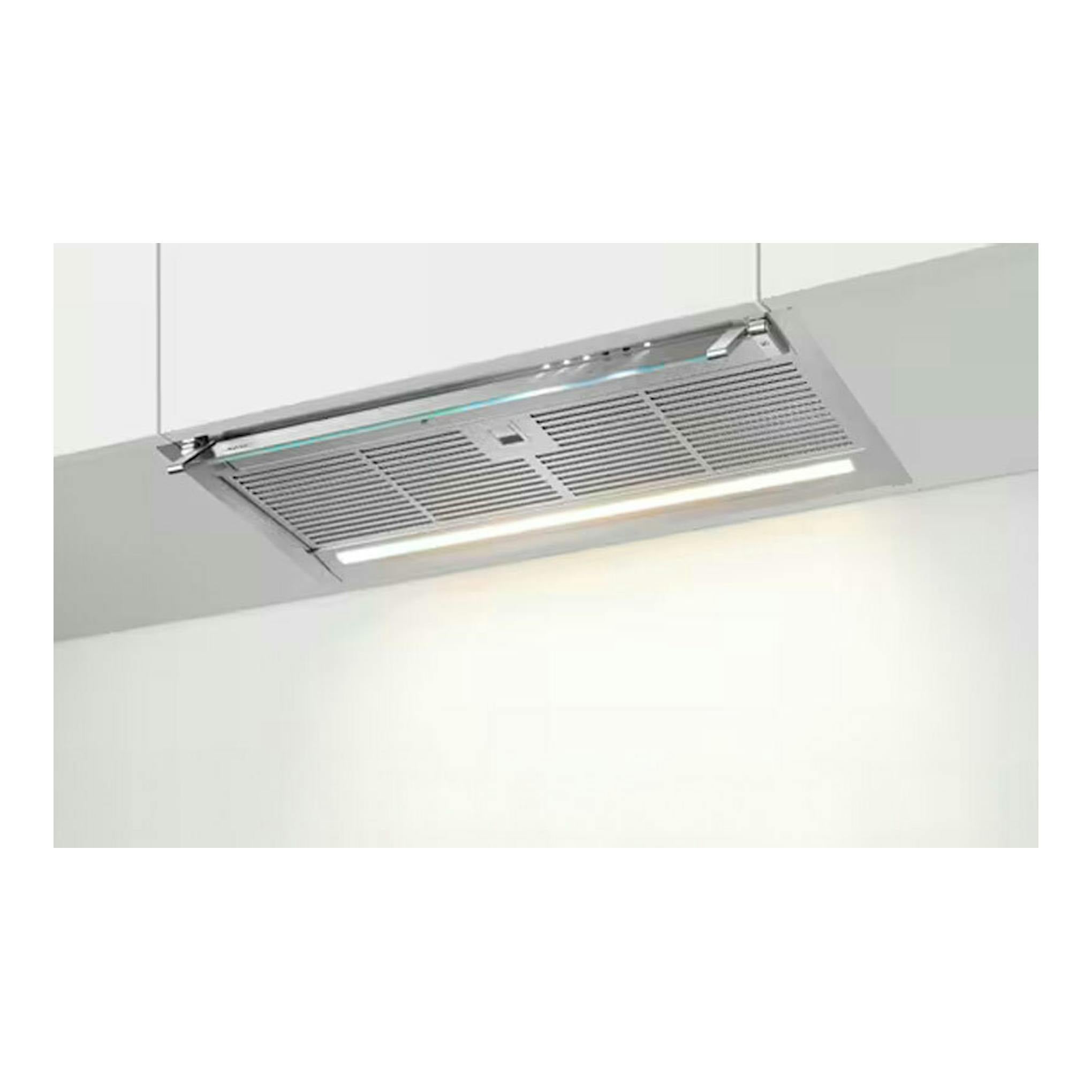 Campana integrable AEG GDE686HM de 60 cm, vista inferior, en acero inoxidable y gris.